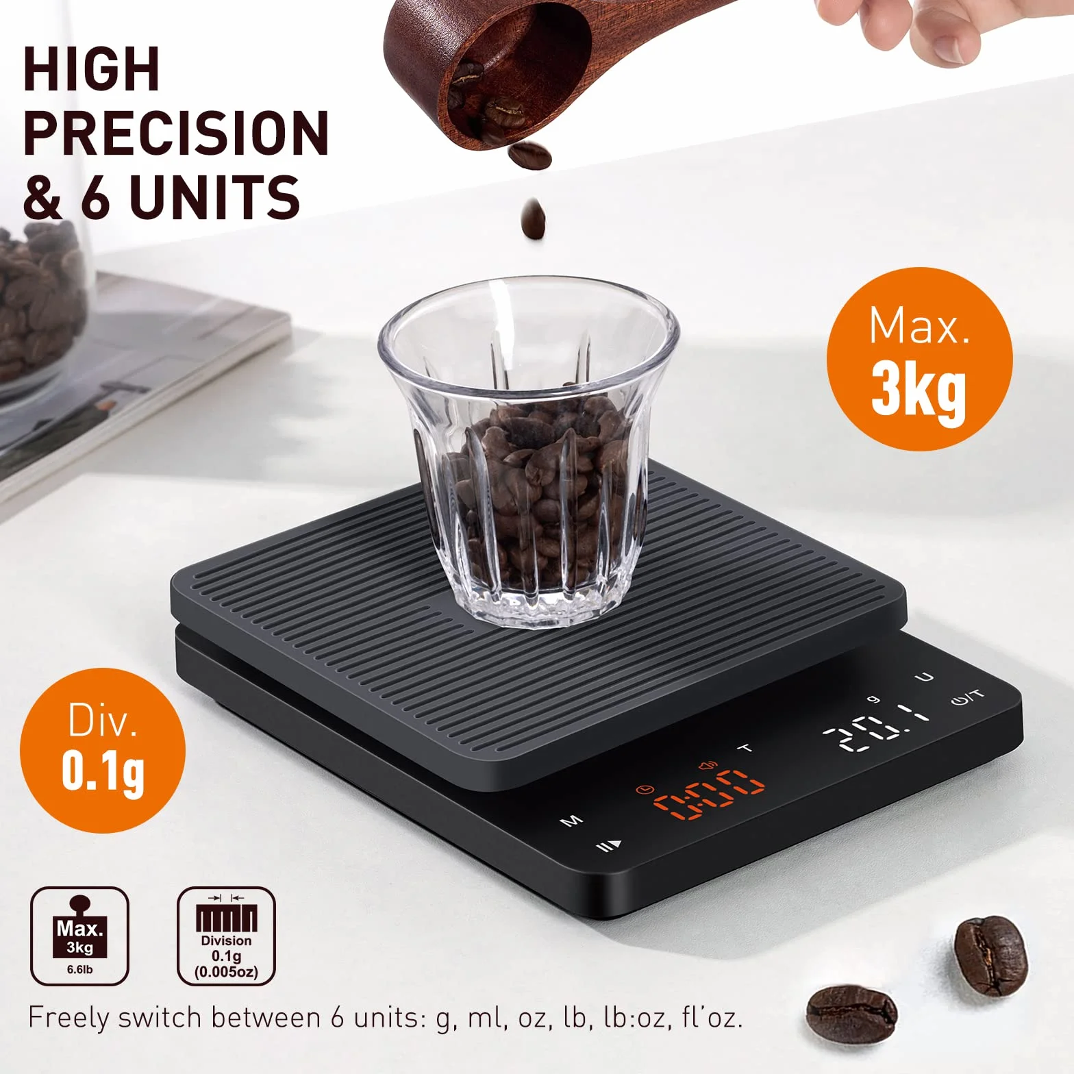BAGAIL Cyfrowa Waga Kawowa z Timerem, Precyzja 0,1g, Duży Wyświetlacz, Automatyczne Tarowanie, Przyciski Dotykowe, Ładowalna, Do Kawy Przelewowej, Max 3kg