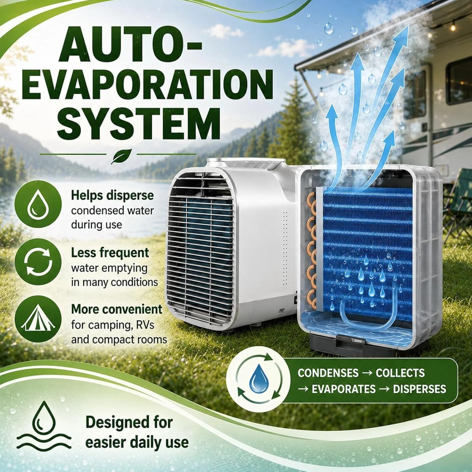 Klimatyzator – Kompaktowy przenośny klimatyzator do małych przestrzeni 1500W | 330W/400W, chłodzi 1–8m² lub 8–15m², 42dB cichy tryb wentylatora, automatyczne odparowanie, regulacja 61–90°F, do vanów