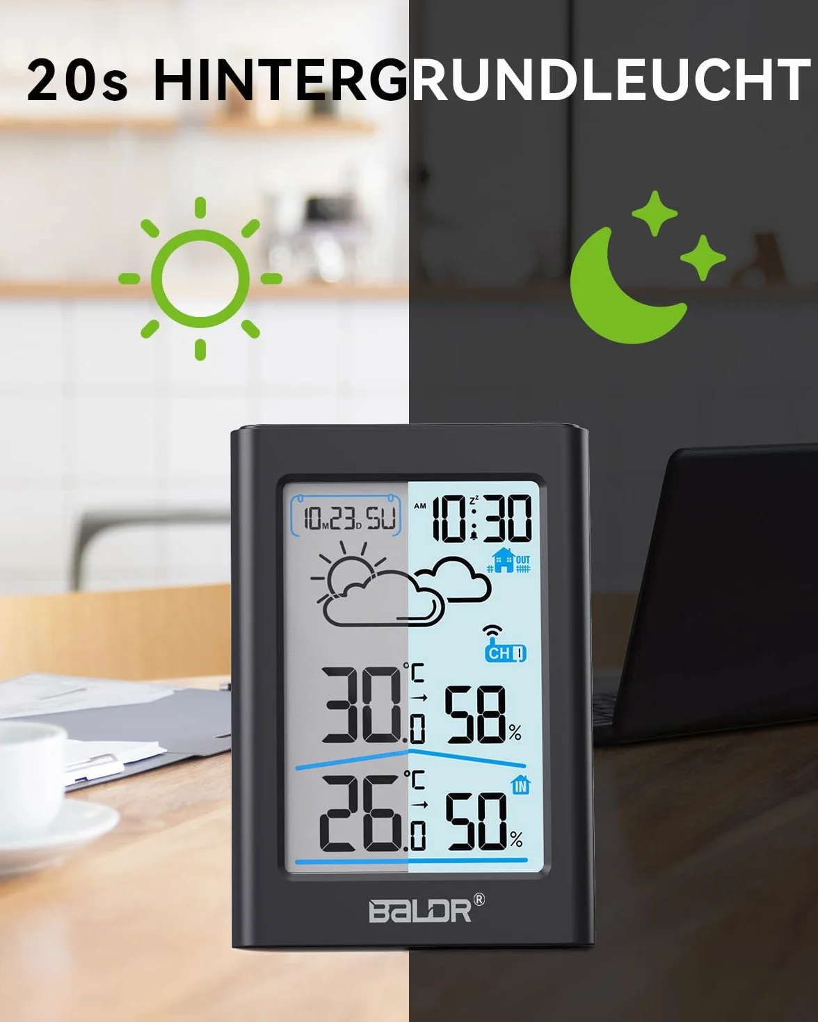 BALDR Radiowa stacja pogodowa z czujnikiem zewnętrznym, cyfrowy zegar radiowy DCF, termometr do użytku wewnątrz i na zewnątrz, wskaźnik temperatury, radiowy, termometr pokojowy, higrometr, prognoza