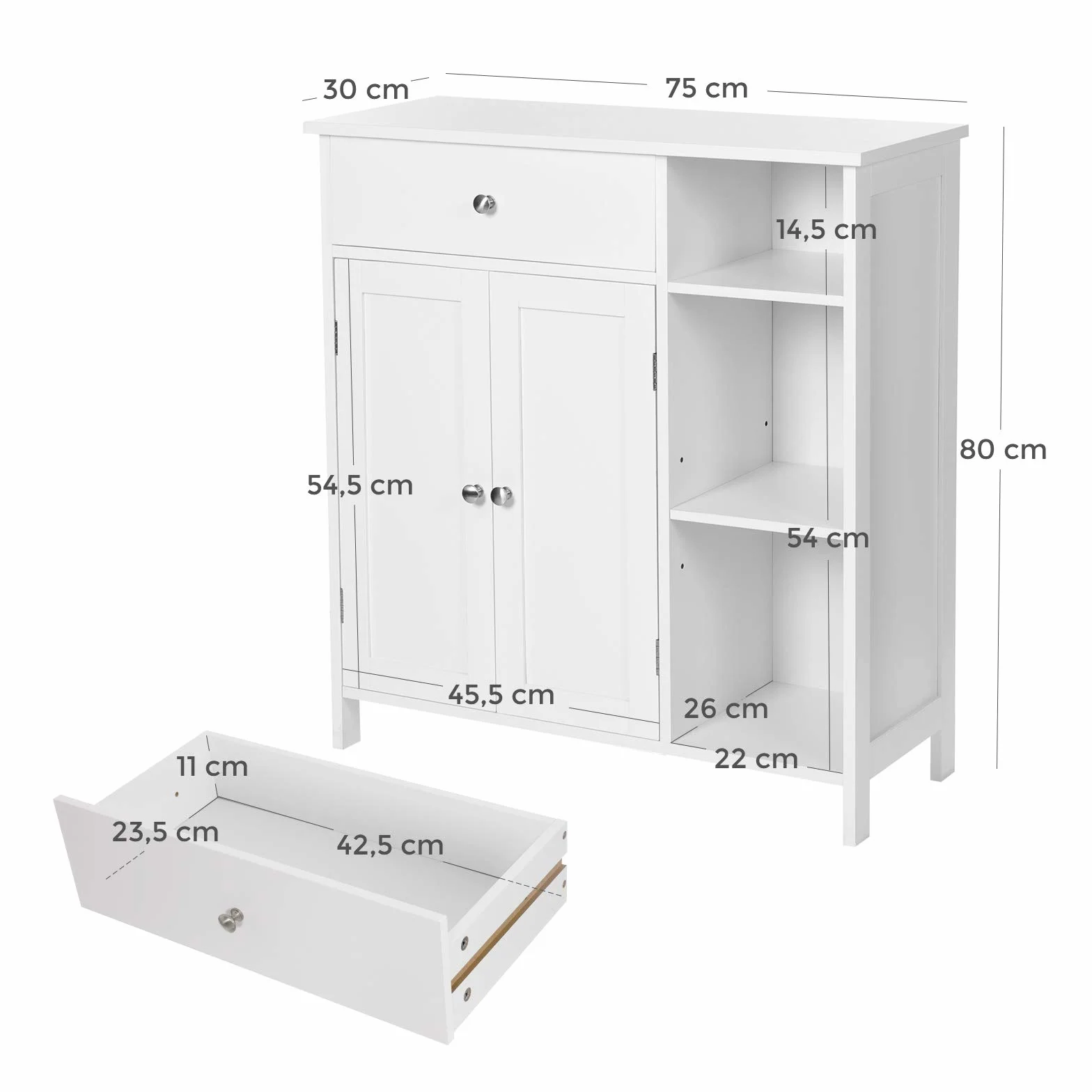 VASAGLE BBC142W01 Szafka łazienkowa 75x30x80 cm biały matowy z szufladą i drzwiami