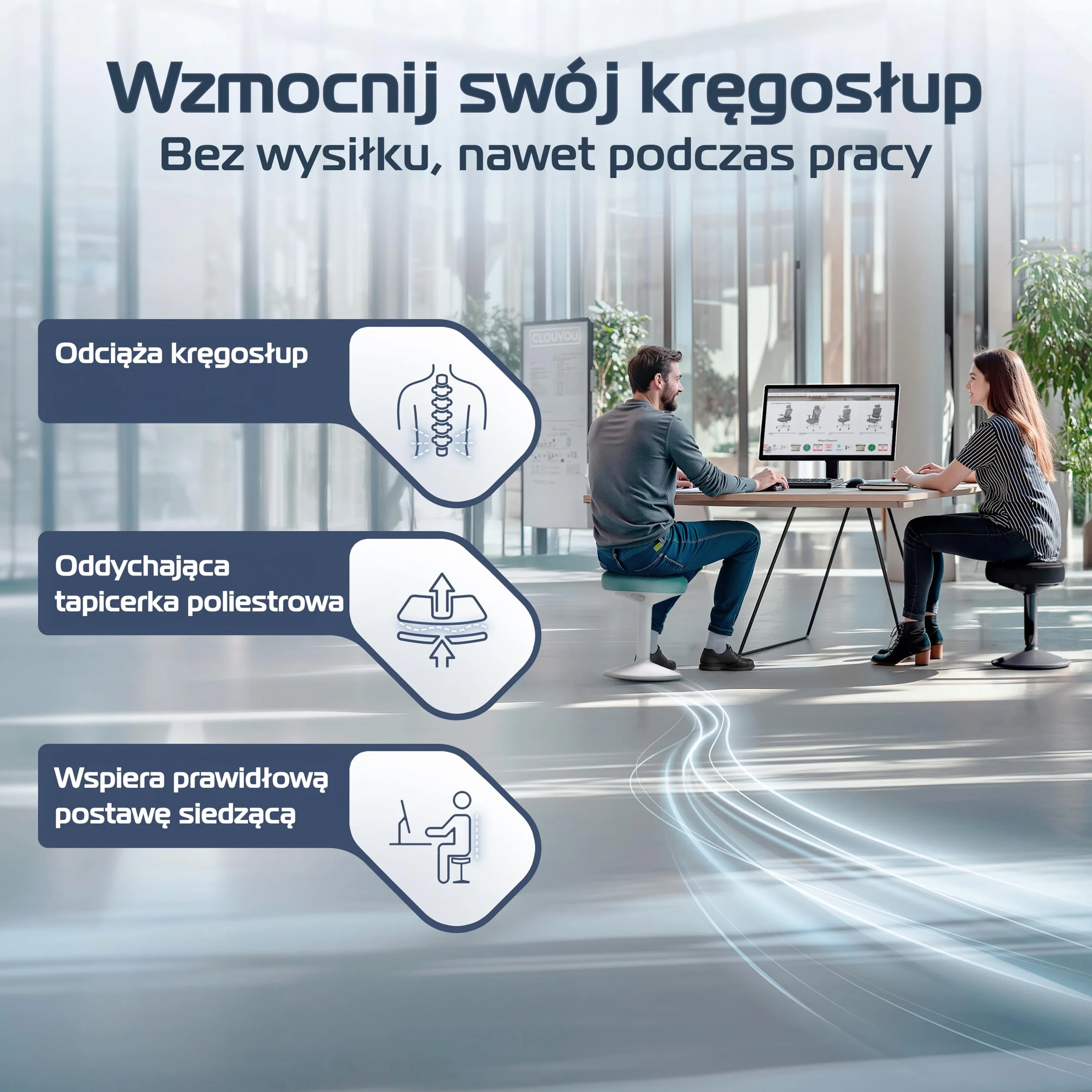 CLOUVOU Nexus Taboret ergonomiczny [ORIGINAL] Taboret regulowany w zakresie od 47 cm do 64 cm - Stołek, który ma wygodne tapicerowane siedzisko - Obrotowy stołek do salonu