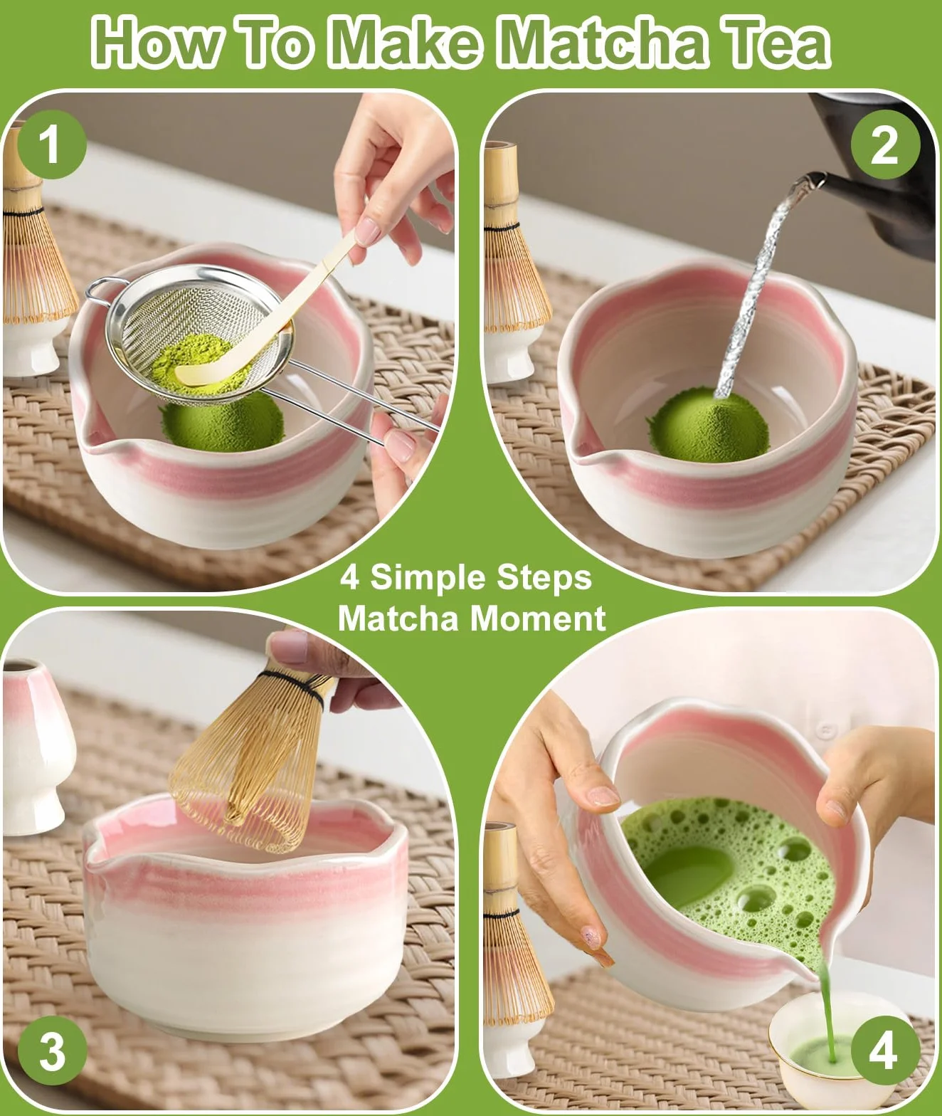 JBER Zestaw do matcha 7-Częściowy - Miotła Bambusowa do matchy, Ceramiczna miseczka z nalewką, Sitko do matchy - Kompletny zestaw do herbaty matcha, Różowy Gradient