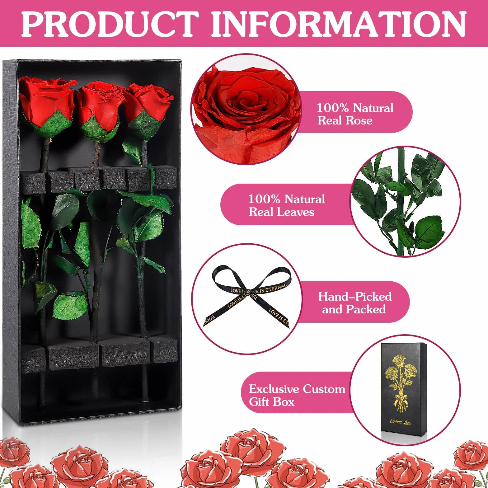 3 Infinity Rose, Wieczne Czerwone Róże Z łOdygami, Prawdziwa Róża Prezent Urodzinowy dla Kobiet, Zakonserwowany Kwiat Róż z PudełKiem na Dzień Matki Rocznica Walentynki BożE Narodzenie
