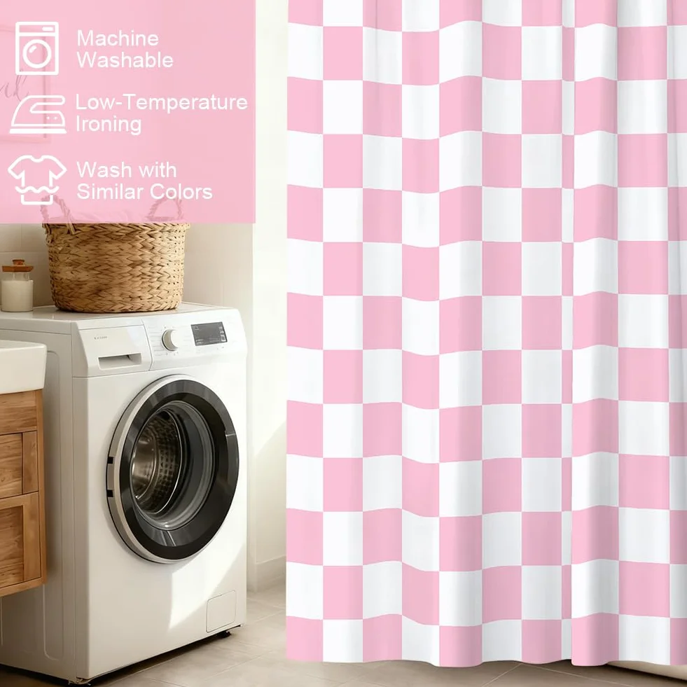 AUYAO Zasłona prysznicowa w stylu retro, wzór w kratkę, 180 x 200 cm, wodoszczelna, odporna na pleśń, z 12 haczykami, styl vintage, różowo-biała