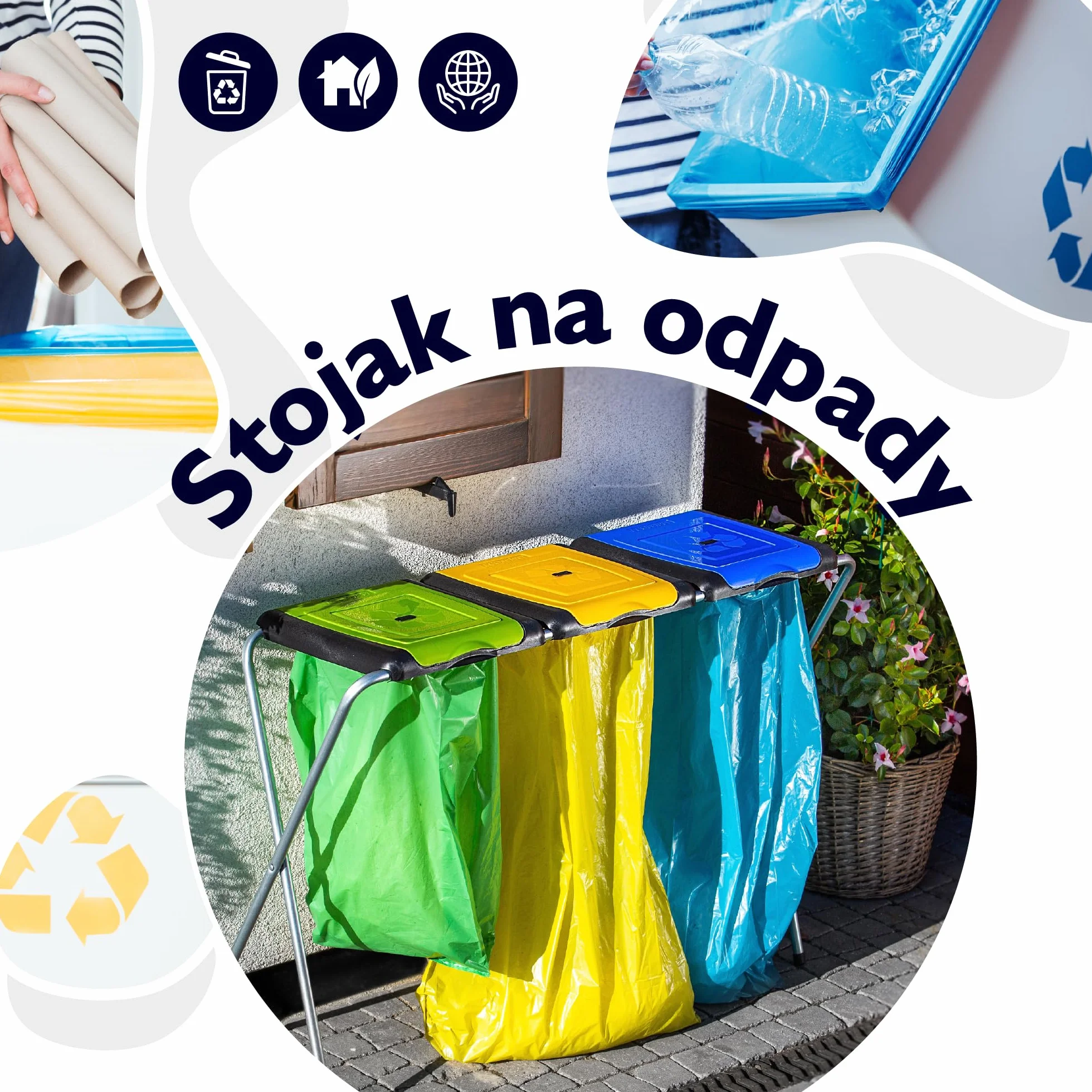 KADAX Potrójny stojak do segregacji odpadów, stabilny uchwyt na trzy worki z plastikowymi pokrywami, oszczędność miejsca, idealny do domu, garażu i ogrodu