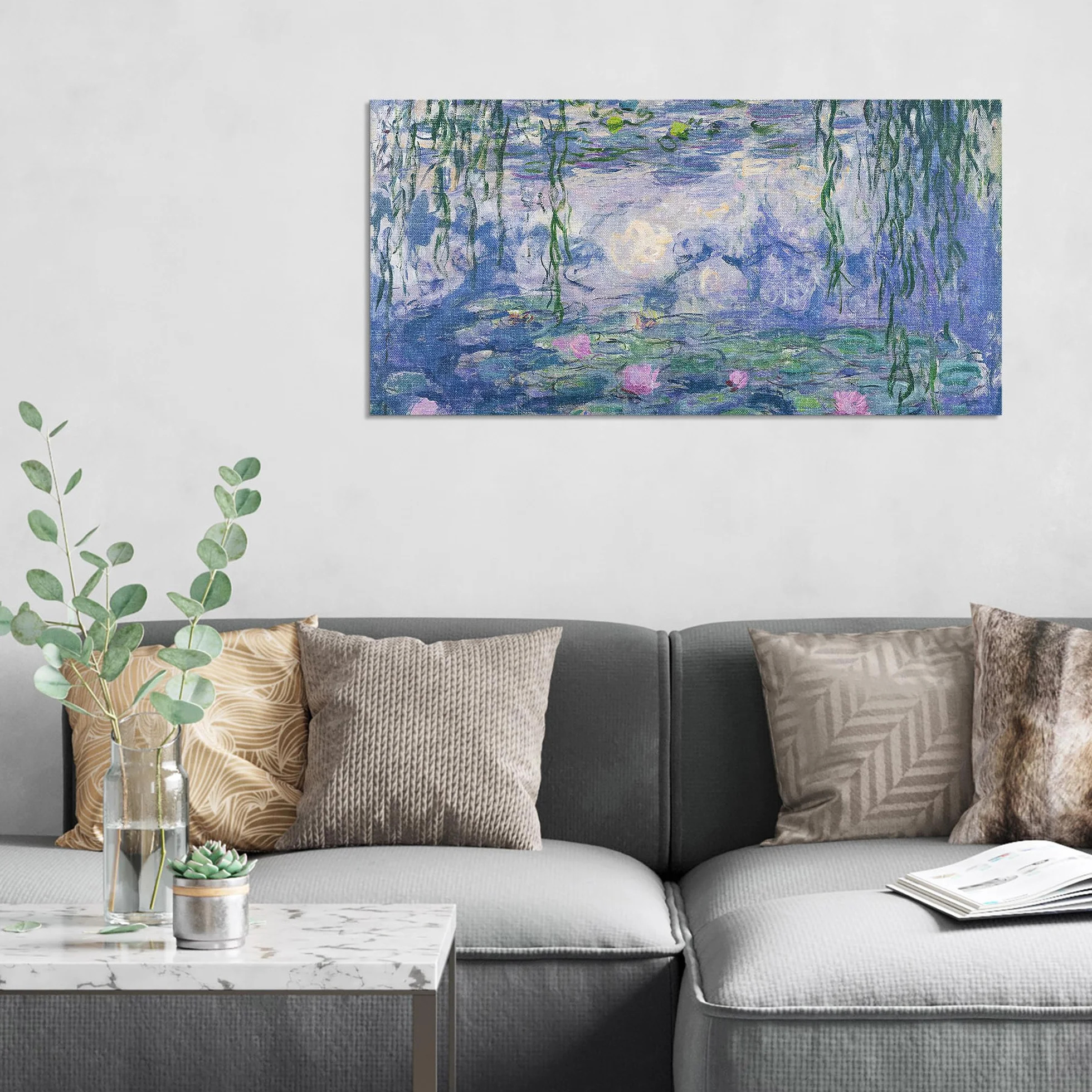 DEQOART Obraz na płótnie hybrydowy | Motyw lilii wodnej | Design Canvas 100 x 50 cm | Obraz na płótnie płaski i nowoczesny ze szkłem | obraz ścienny do salonu, sypialni, przedpokoju i kuchni