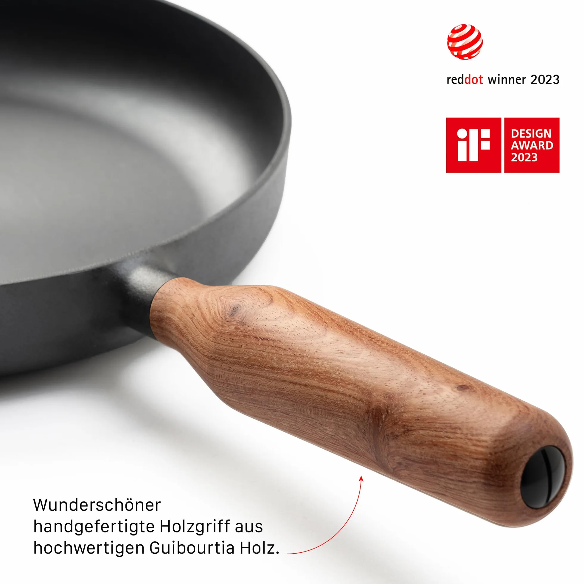 JAXX ROADHOUSE Die Patelnia do smażenia – doskonała premium żeliwna patelnia indukcyjna 26 cm, ręcznie wykonany drewniany uchwyt, wszystkie rodzaje kuchenek, wstępnie wypalana (drewno orzechowe)