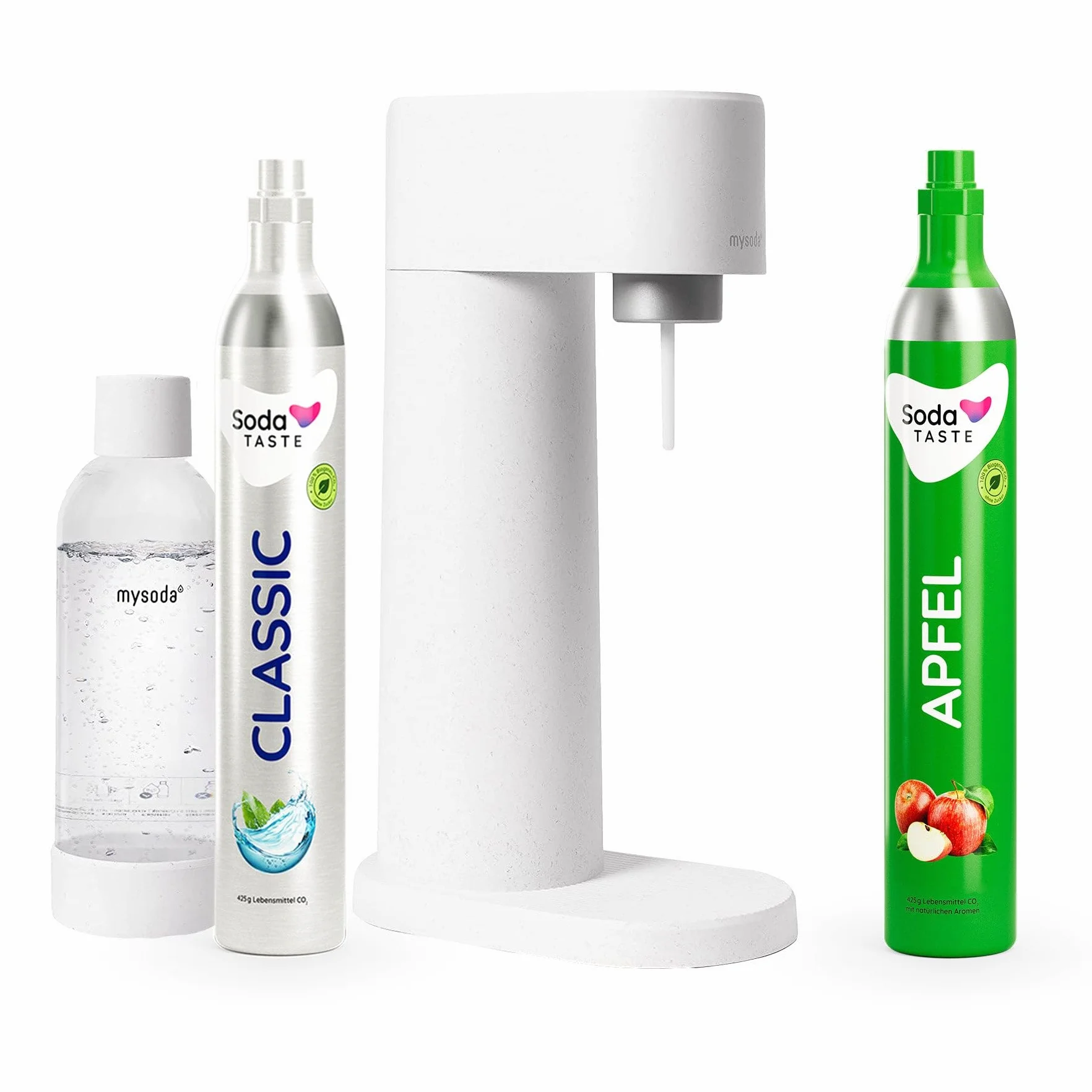 Zestaw ekonomiczny: Mysoda Woody – saturator z odnawialnego kompozytu drewnianego, z plastikową butelką o pojemności 1 l, bez BPA, cylinder CO2 Classic + cylinder CO2 jabłko (biały)