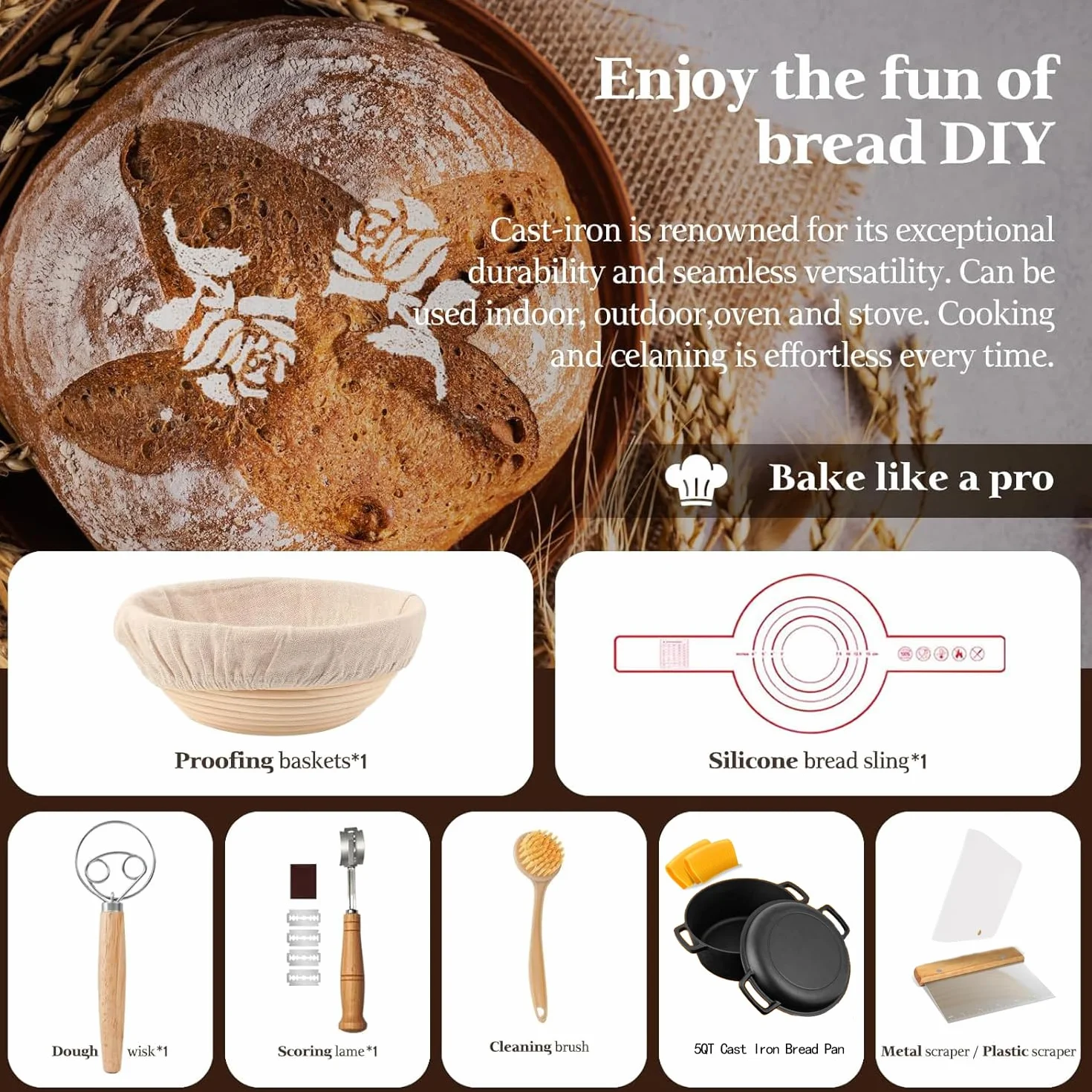 5QT Żeliwny piec holenderski (zestaw startowy z koszem zabezpieczającym, kulawy i pokrywką, idealny do pieczenia chleba) (gotowanie rodzinne, smażenie, duszenie i grillowanie)
