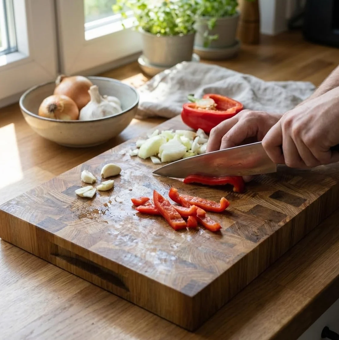 Deska do krojenia dębowa sztorcowa (end grain) – gruba deska kuchenna z litego drewna – do mięsa, warzyw i chleba – profesjonalna, trwała i bezpieczna dla noży