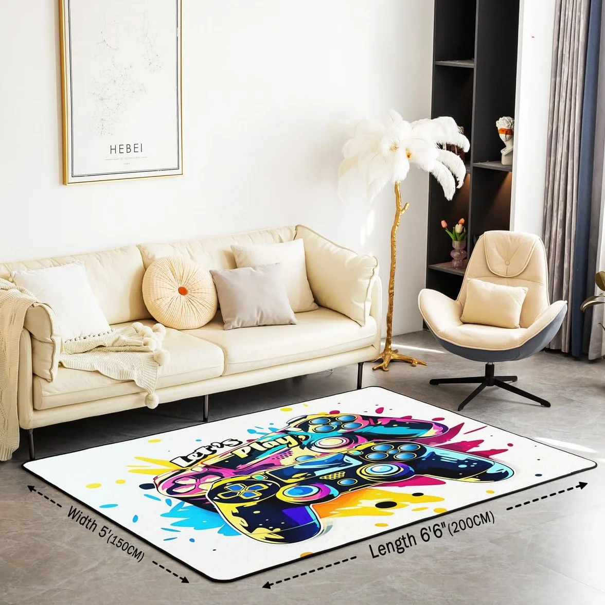 Loussiesd Dywan do salonu dla graczy, 100 x 150 cm, gamingowy dywan akcentujący dla chłopców, dziewcząt, nastolatków, nowoczesny kontroler konsoli do gier, mata podłogowa, joystick, surowa biel,