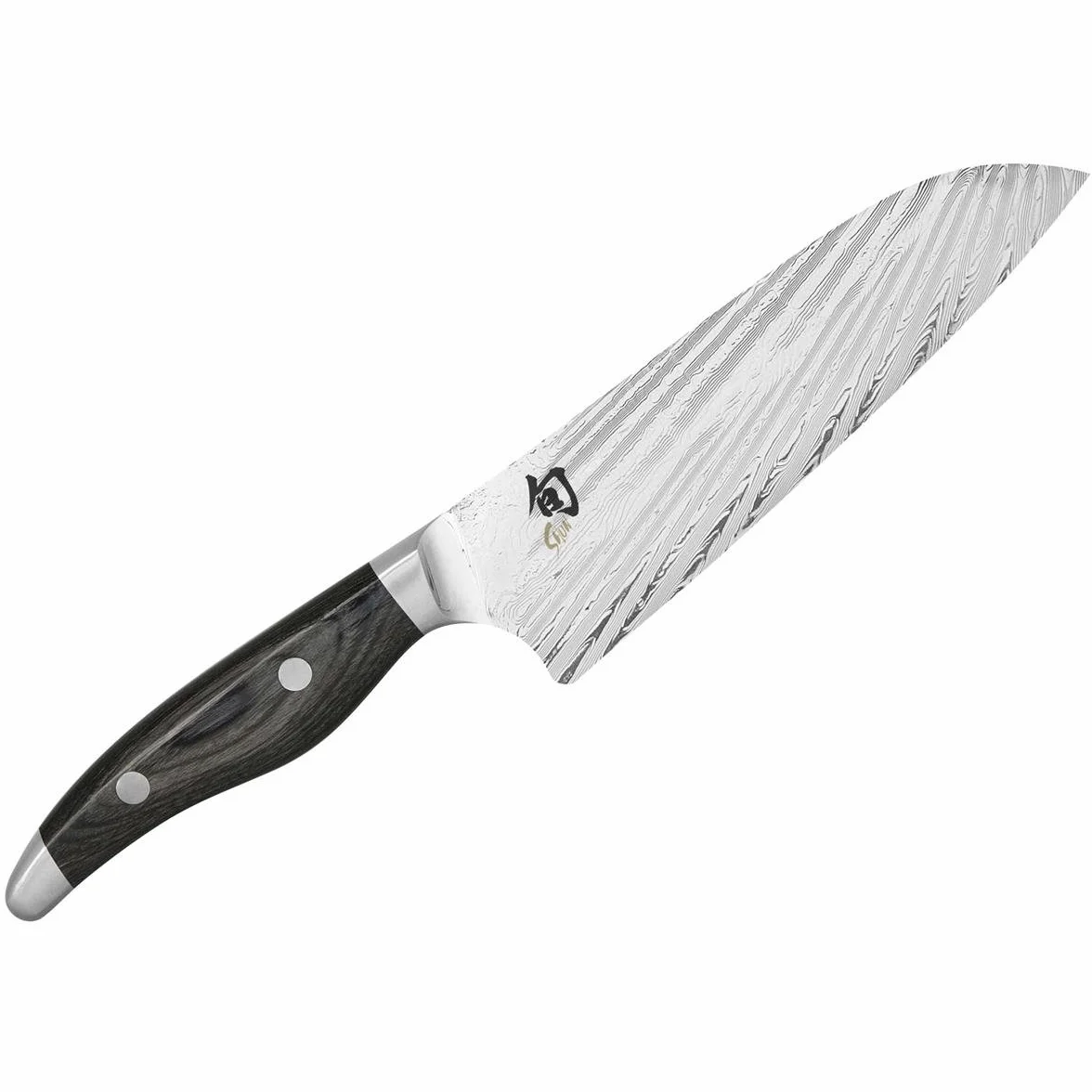KAI Shun Nagare Santoku długość ostrza 18 cm, 72 warstwy stali damasceńskiej VG 2 i VG 10, ostrze Dual-Core, drewno Pakka, szaro-czarne, ręcznie wykonane w Japonii, japoński nóż szefa kuchni, kute
