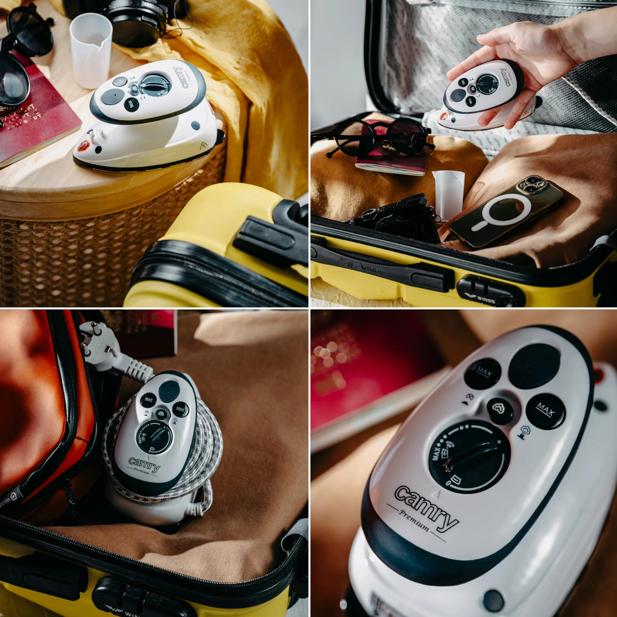 CAMRY CR5039 – żelazko podróżne, żelazko turystyczne mini z podwójnym zasilaniem (220 lub 110V), ceramiczna stopa, ergonomiczny uchwyt, bezstopniowa regulacja temperatury, moc 420 W, biało/niebieskie