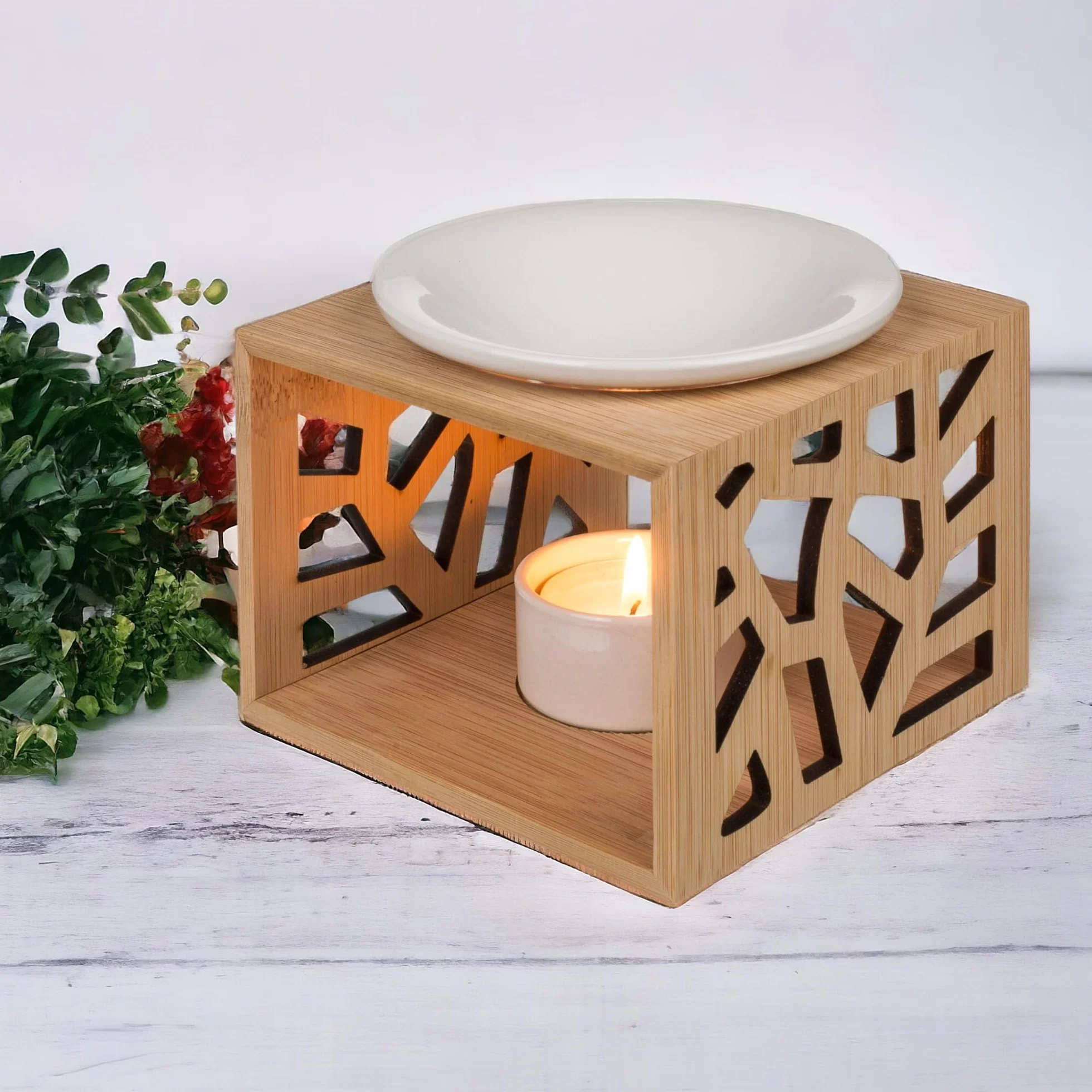 MIJOMA Lampa zapachowa wypełniona harmonią – ręcznie wykonana z drewna, z elegancką białą misą ceramiczną – idealna do urzekających zapachów i duchowego relaksu – wymiary ok. 12 x 12 cm