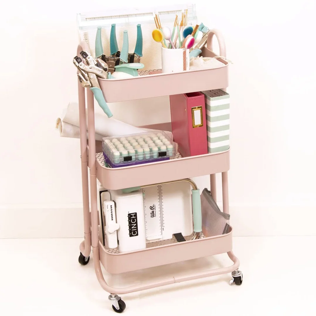 Craftelier Metalowy wózek organizacyjny z 3 tacami różowy 4 kółka obrotowe 360° z hamulcami 78 x 40 cm