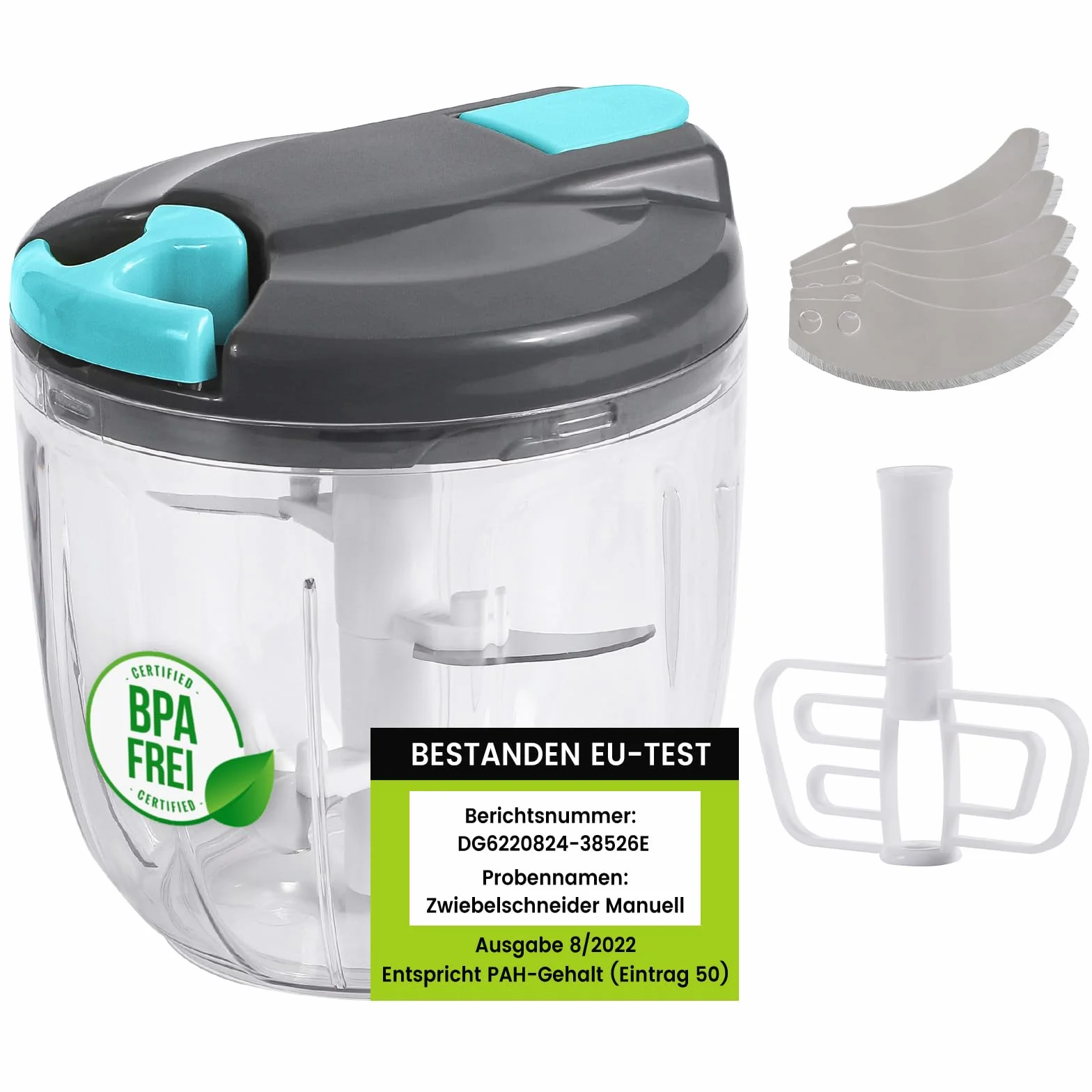 Gucass Ręczna szatkownica do cebuli, 900 ml, rozdrabniacz do cebuli, warzyw, ręczna rozdrabniarka do warzyw, cebuli, czosnku, imbiru, orzechów, szaro-niebieska