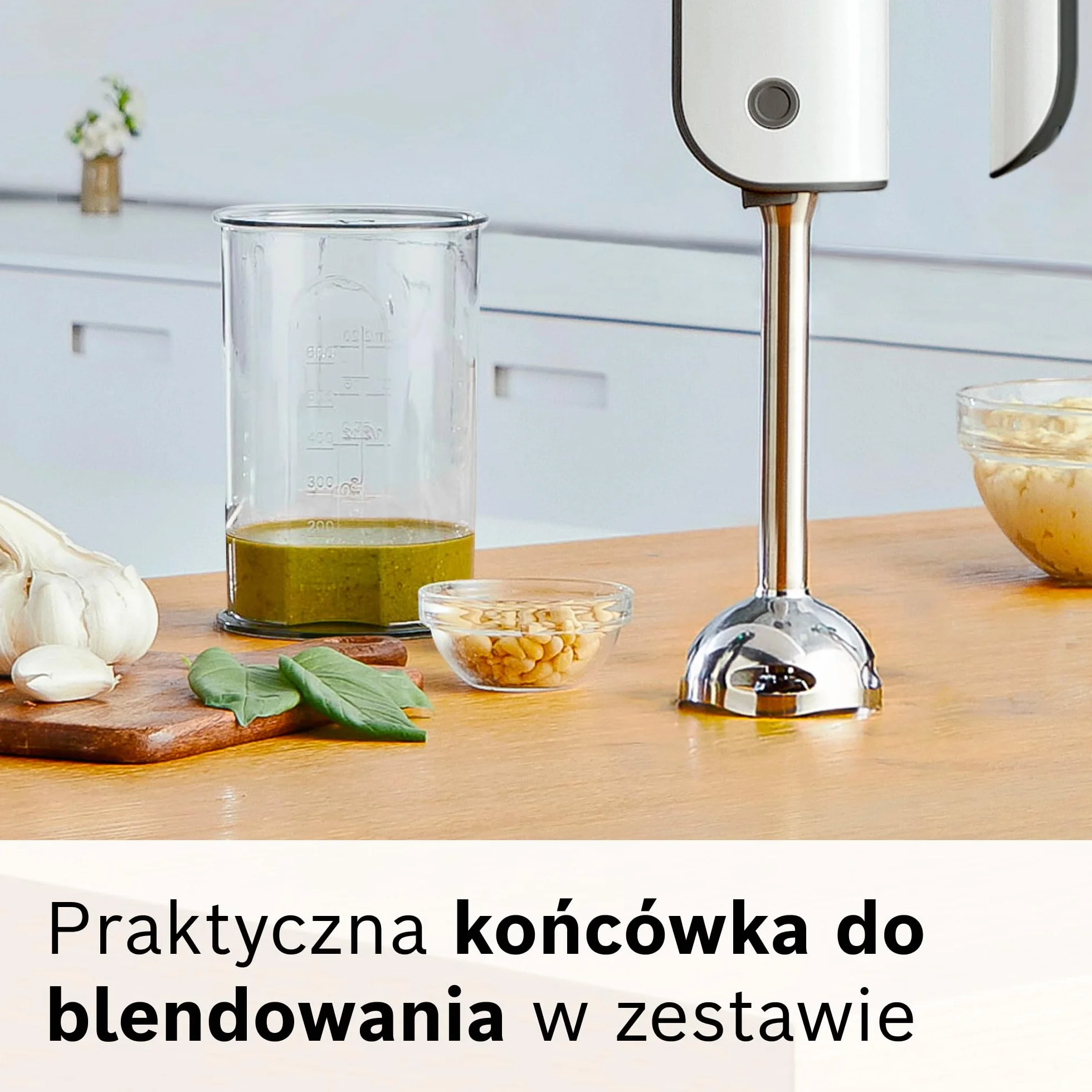 Bosch Styline, mikser ręczny, 850 W, mieszadła FineCreamer, haki do zagniatania ciasta, metalowa stopa do blendowania, pojemnik do miksowania z miarką, MFQ49700, biały