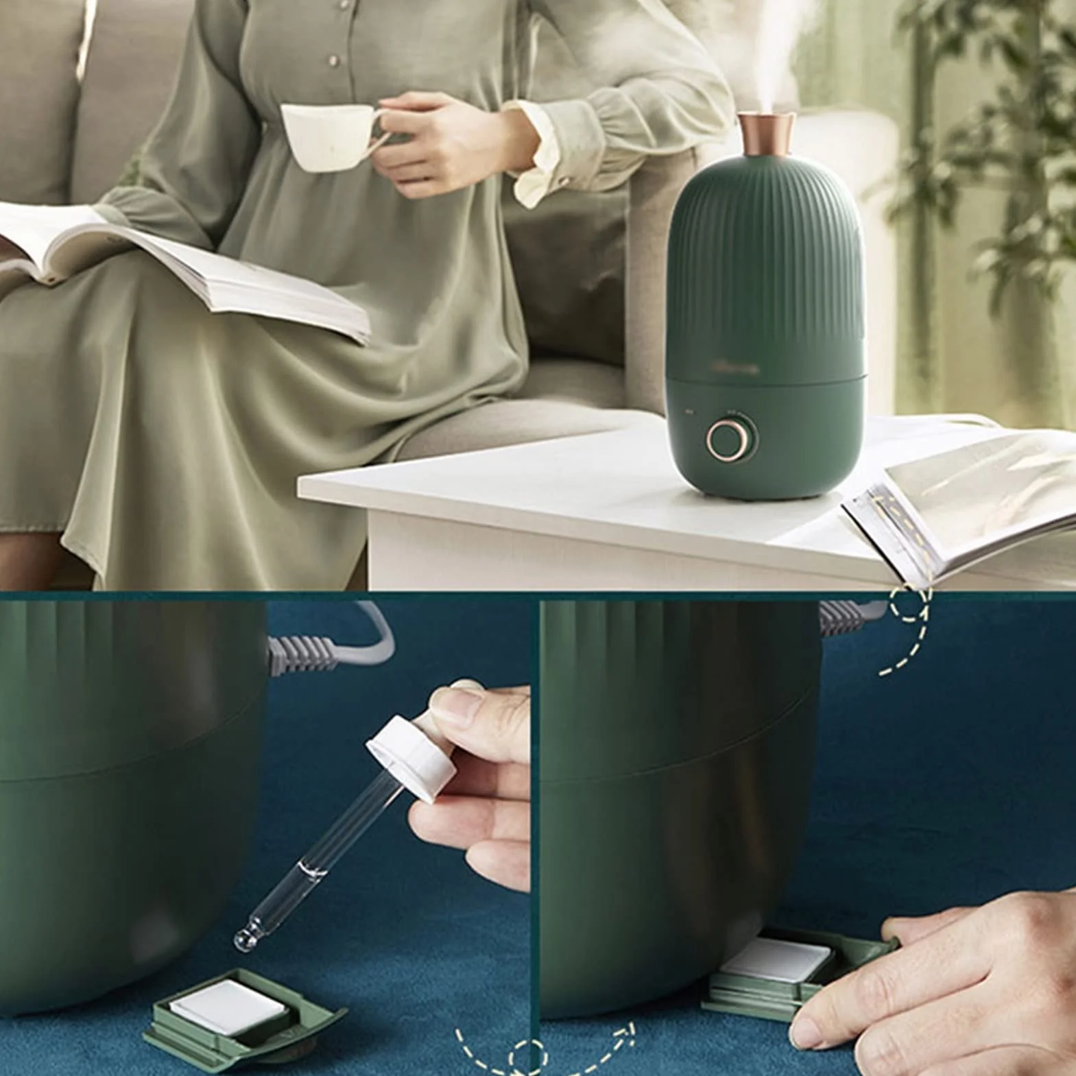 Nawilżacz mini nawilżacz do sypialni - 2 l cichy nawilżacz powietrza nawilżacz oleju - automatyczne wyłączanie - dla niemowląt dzieci dorosłych do domu jogi snu, zielony nawilżacz chłodnej mgły