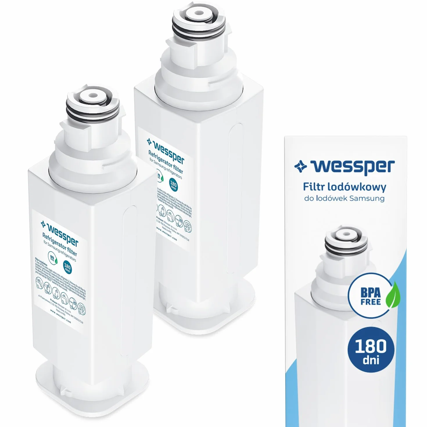 Wessper Zamiennik Wlład Filtra Wody do Lodówki 2 Sztuki Samsung DA97-17376B, DA97-08006C | Akcesoria do Lodówki, System Odwróconej Osmozy, Usuwa z Wody Chlor- Biały