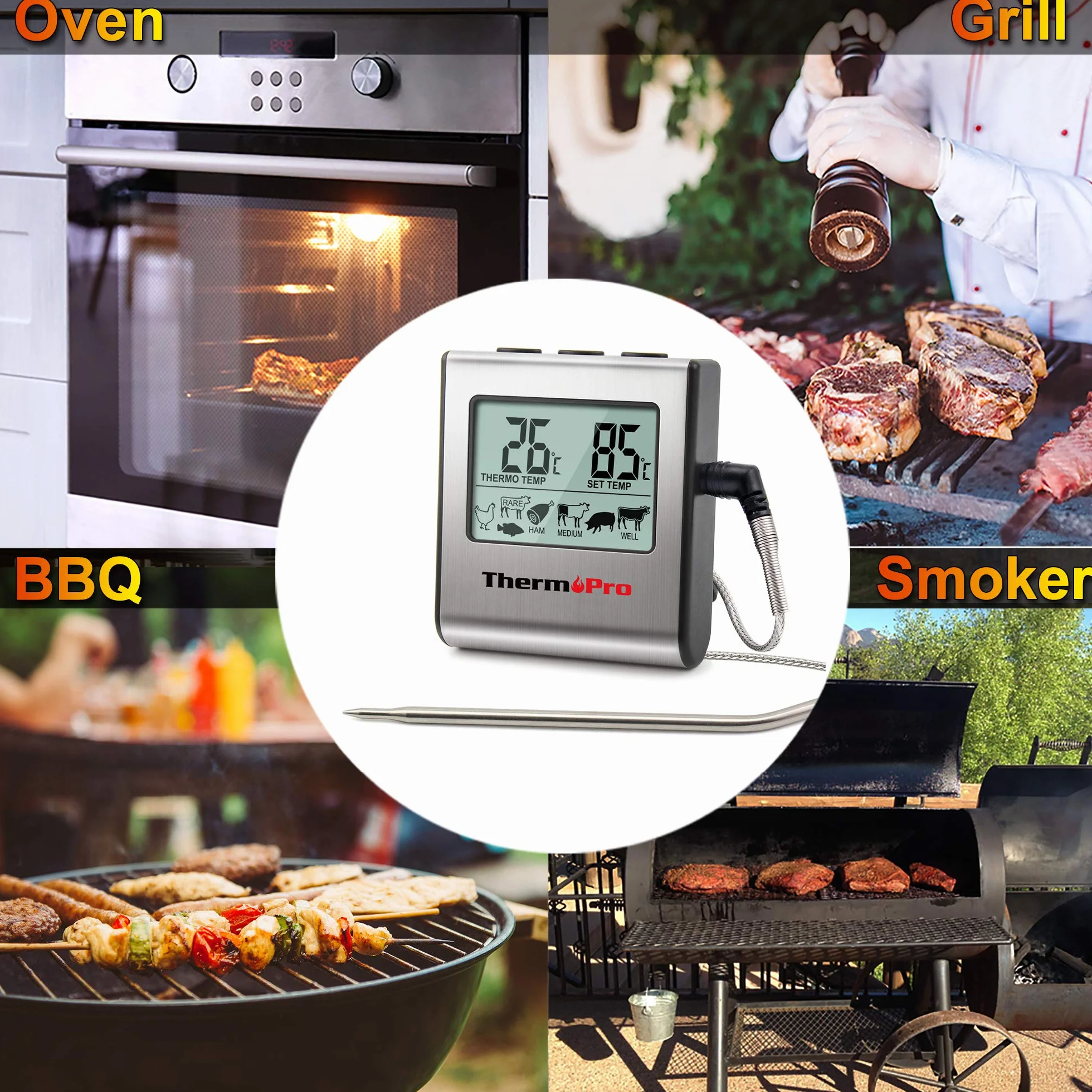 Thermopro Tp16 Cyfrowy Termometr Do Mięsa Z Długą Sondą Temperatury żywności Ze Stali Nierdzewnej Do Płynów, Piekarnika, Wędzarni, Słodyczy, Głębokiego Smażenia Termometr żywności Z Alarmem Czasowym