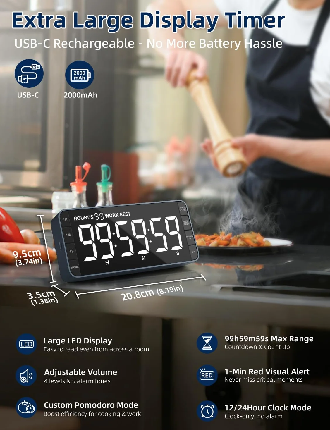 Cyfrowy minutnik kuchenny 7,8 cala z dużym wyświetlaczem LED, magnetyczny licznik czasu, 5 alarmów i 4 poziomy głośności, 99 h odliczanie czasu w górę/dół do gotowania, klasy i nauki