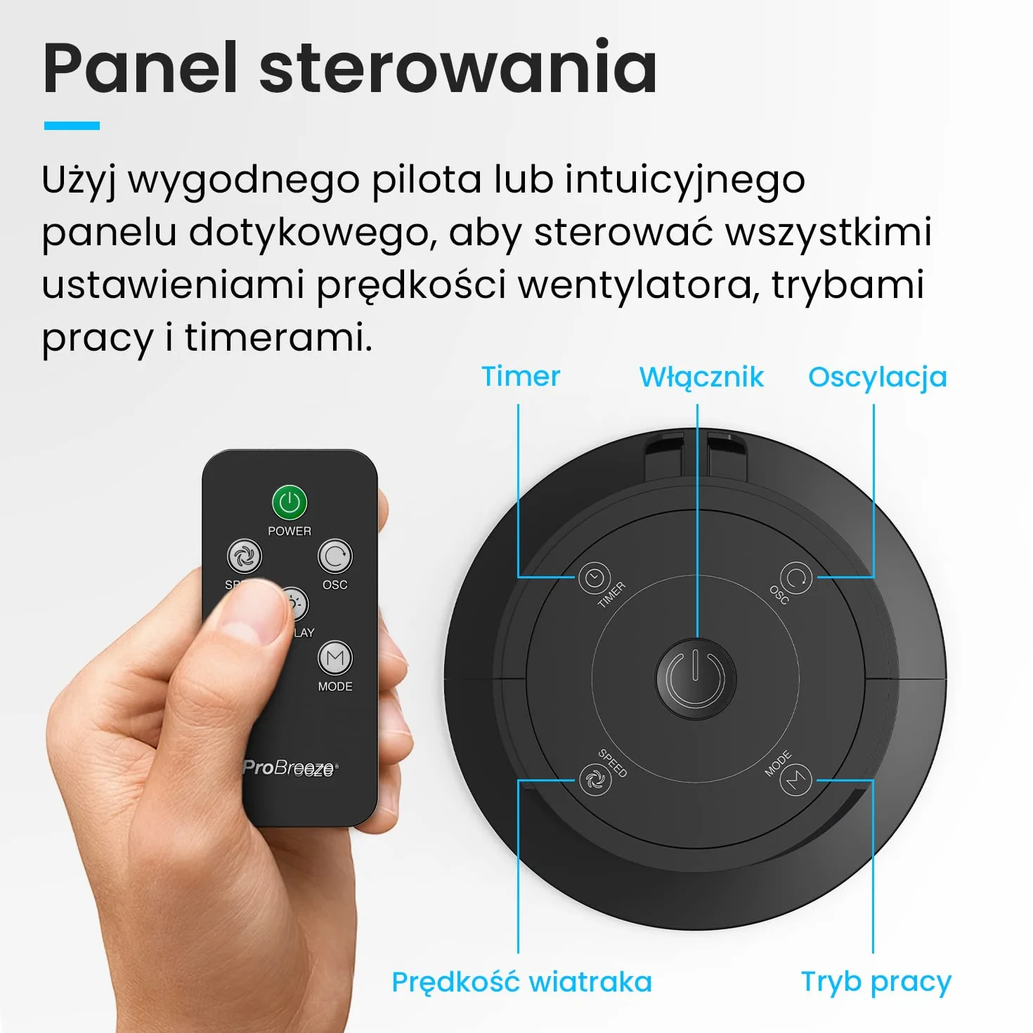 Pro Breeze Cichy Wentylator Kolumnowy z Pilotem Zdalnego Sterowania, Wieżowy Stojący Podłogowy, 45W, Wysokość 117 cm, Bezśmigłowy Bezłopatkowy Chłodzący, Automatyczna Oscylacja 70°, 12h Timer, Czarny