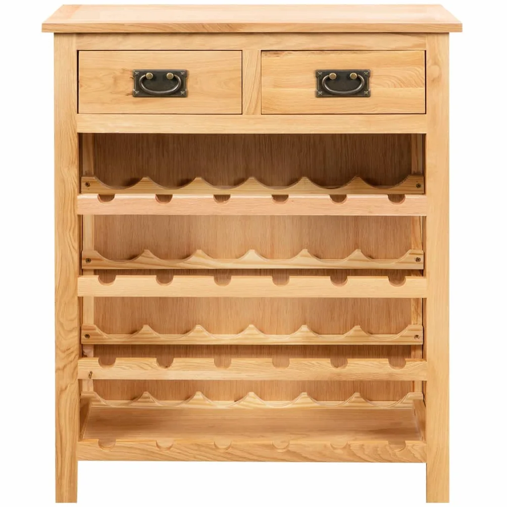 Générique Stojak na butelki z litego dębu, 72 x 32 x 90 cm, wytrzymały stojak do przechowywania wina z rozkloszowanymi półkami, elegancki regał na wino, łatwy montaż