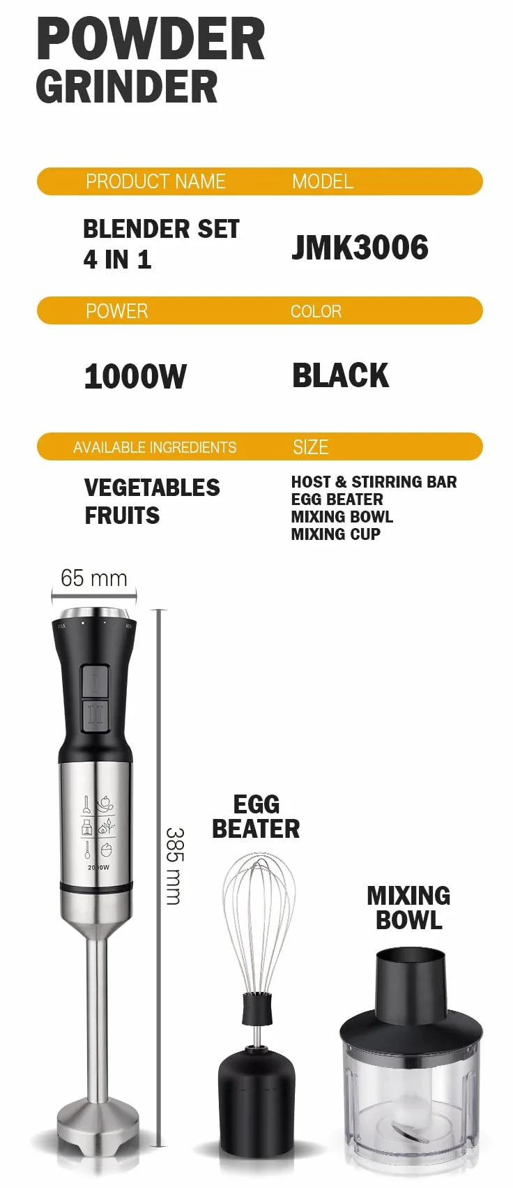 Ręczny blender 4 w 1, mocny blender emulsyjny ze stali nierdzewnej o mocy 1000 W, ręczny z 2-stopniową regulacją, zawiera miarkę, rozdrabniacz i trzepaczkę, idealny do miksowania zup i koktajli