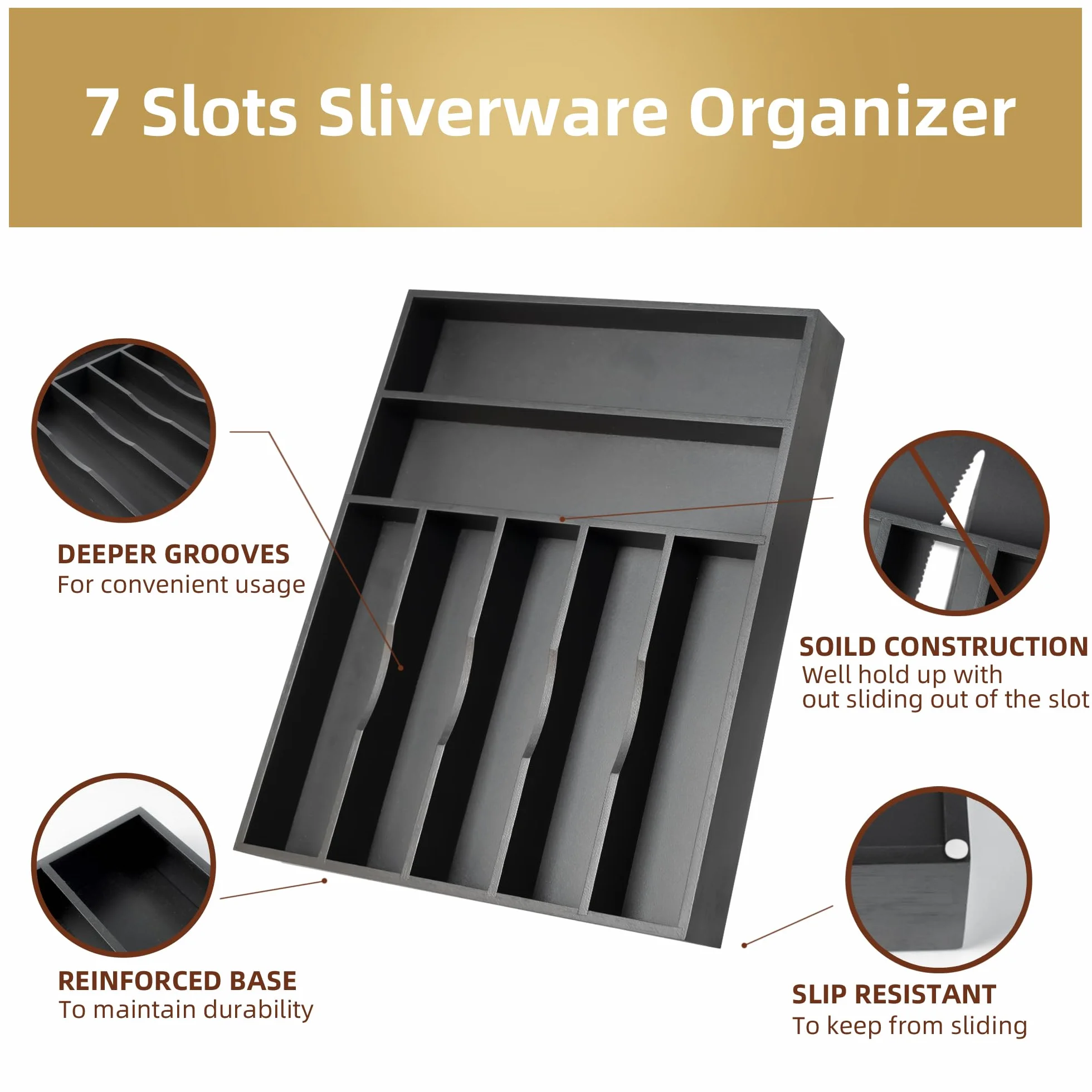 Besilord Organizer na sztućce 33 cm czarny bambusowy organizer do szuflady kuchennej, 7 przegródek, organizer na przybory, uchwyt na sztućce, organizer na sztućce, taca na sztućce