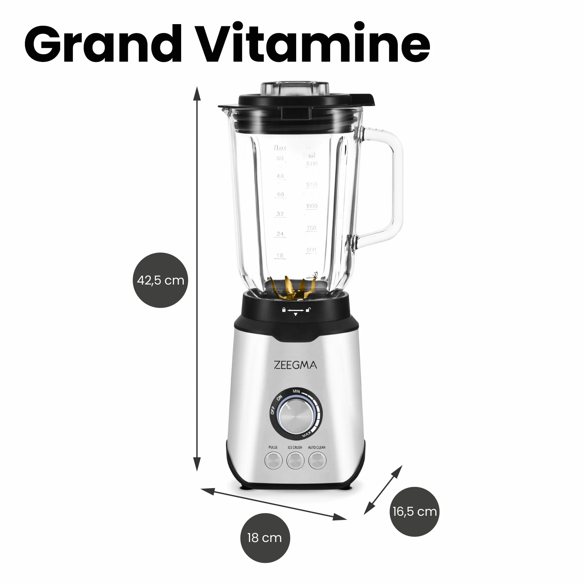 Zeegma Grand Vitamine Blender Kielichowy, Silnik 1600W, 3 Automatyczne Tryby Pracy, Duży Kielich 1,75L, 6 Noży, Regulacja Prędkości, Funkcja Thermofuse, Metalowa Obudowa, Podświetlenie Led