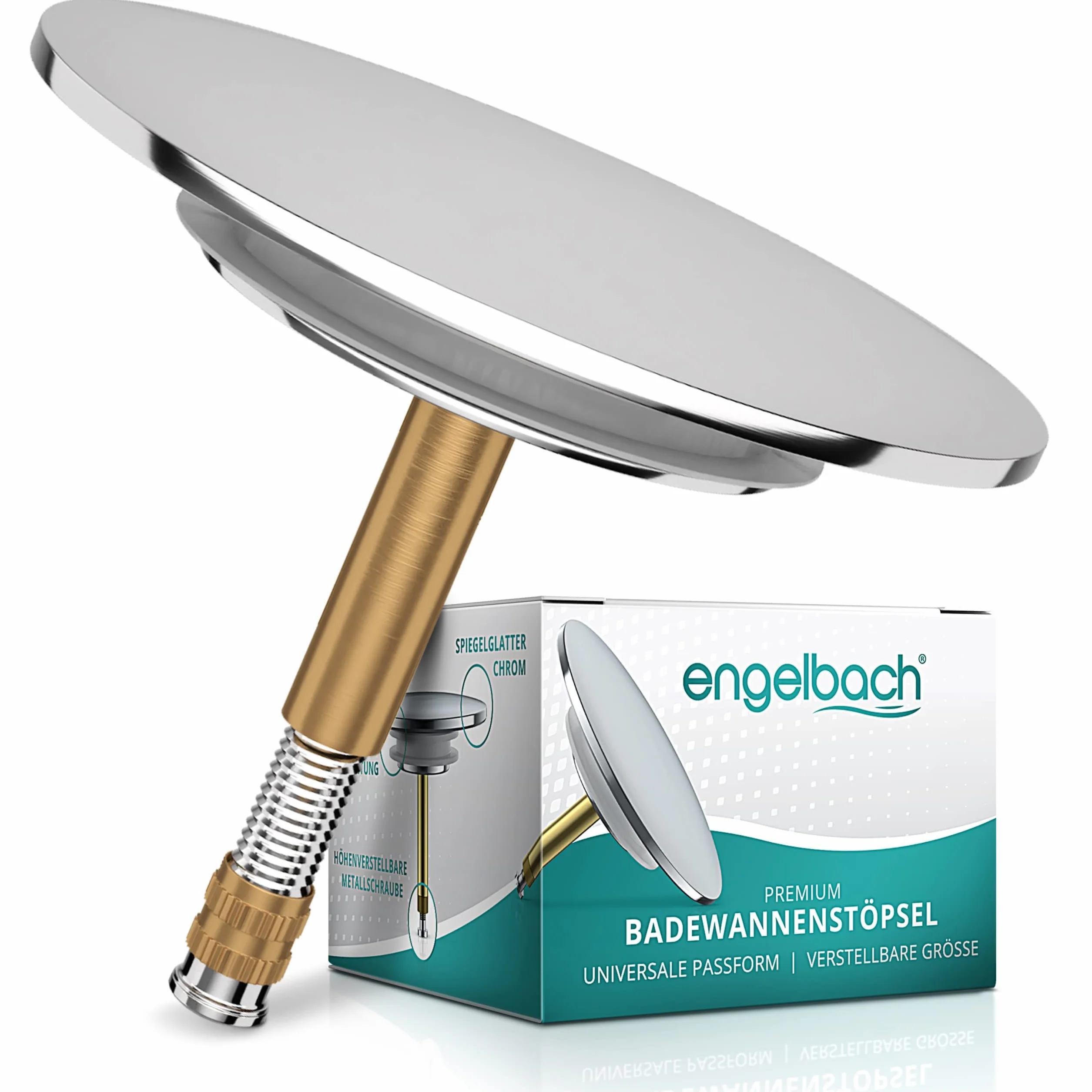 Engelbach® Korek do wanny o uniwersalnym dopasowaniu – korek wannowy nierdzewny – zintegrowana podwójna uszczelka – korek do wanny, Chrom