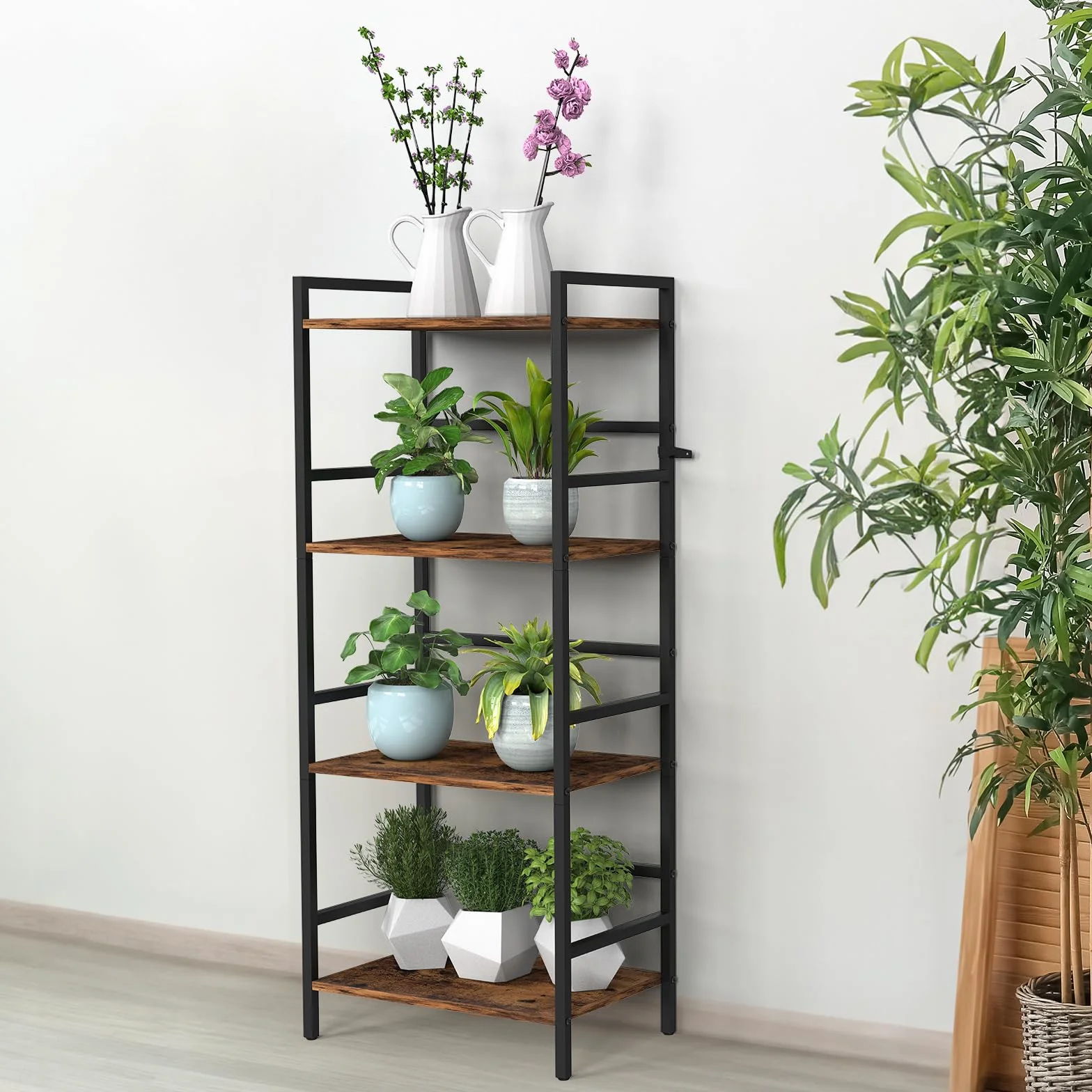 CADUKE 4-poziomowa półka na książki z miejscem do przechowywania Industrial Open Etagere Bookcase Wood Metal Book Shelf Stand Brown Regały na książki do salonu, sypialni, biura