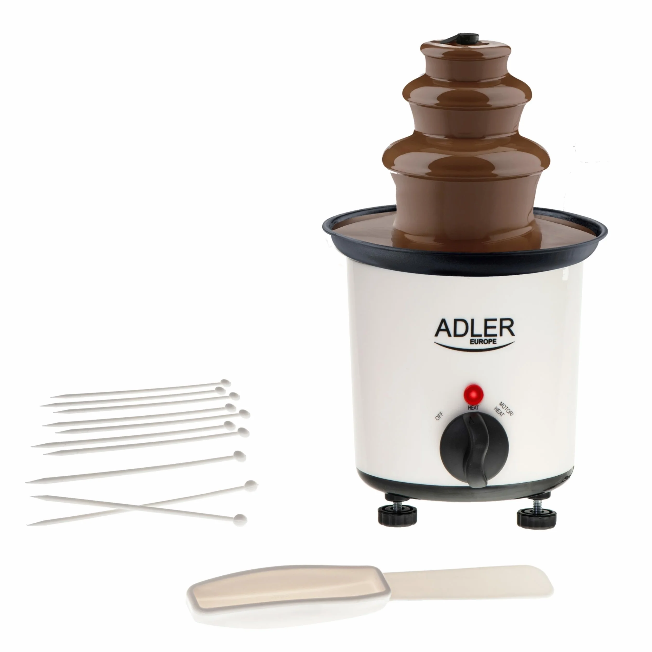 Adler AD 4487 Fontanna do Czekolady 200ml z Patyczkami, Moc 30W, Regulowane Podgrzewanie, Stabilna Konstrukcja, Kolor Biały