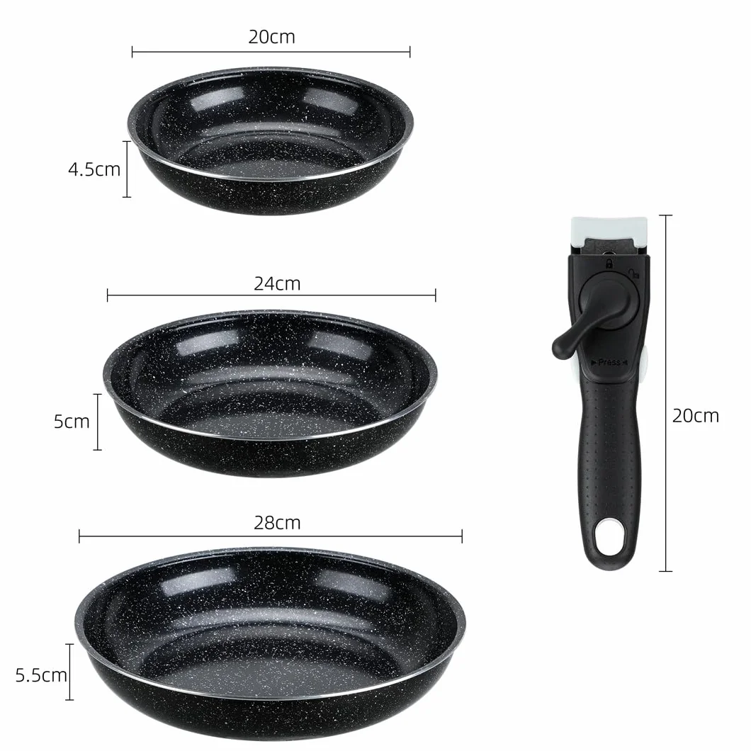 EliteHoff Zestaw patelni 20/24/28 cm z odpinanym uchwytem, marmurowa powłoka nieprzywierająca, patelnie indukcyjne do wszystkich rodzajów kuchenek, łatwe w czyszczeniu, kolor czarny