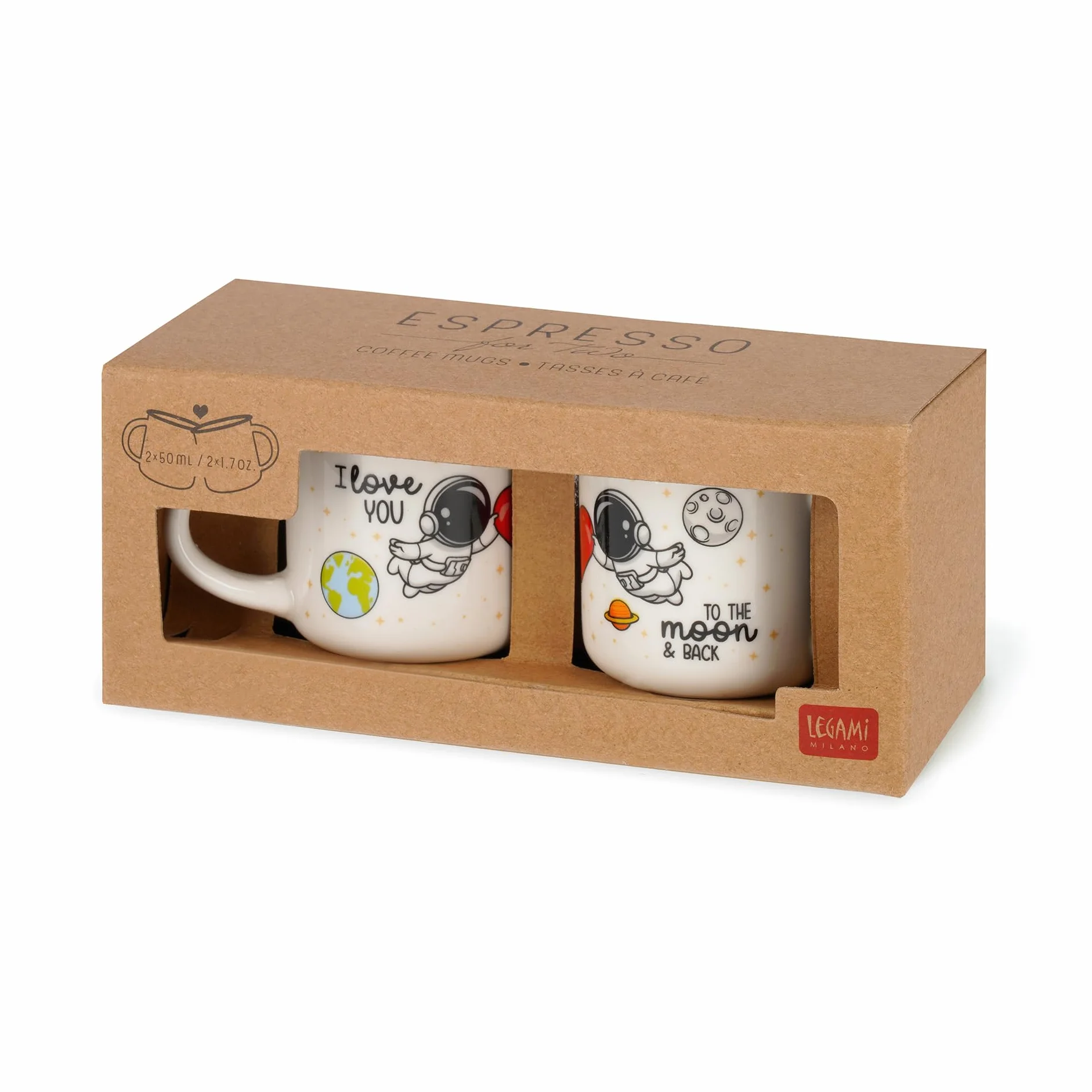 Legami - Filiżanki do Kawy Espresso For Two, 2 Szt. Porcelanowy Kubek z Nowej Kostnej Porcelany, Nadaje Się do Mycia w Zmywarce, Motyw Astronauta I Love You, Średnica 5,5 cm