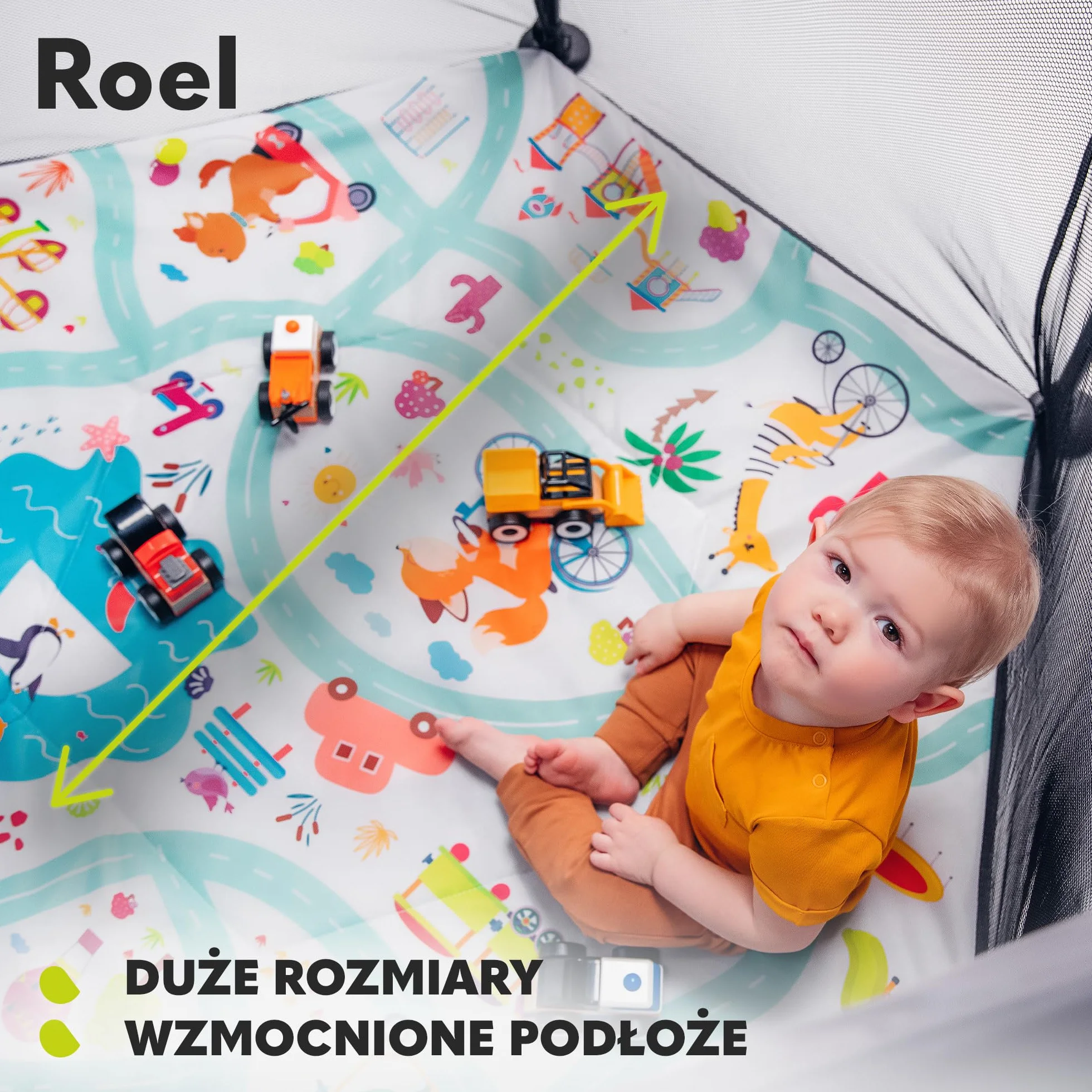 LIONELO Roel kojec dla dzieci do 15 kg, duży format 136 x 86 cm, sześciokątny kształt, LockGuard, zapięcie składane, wzmocniona podstawa, antypoślizgowe stopki, torba ochronna