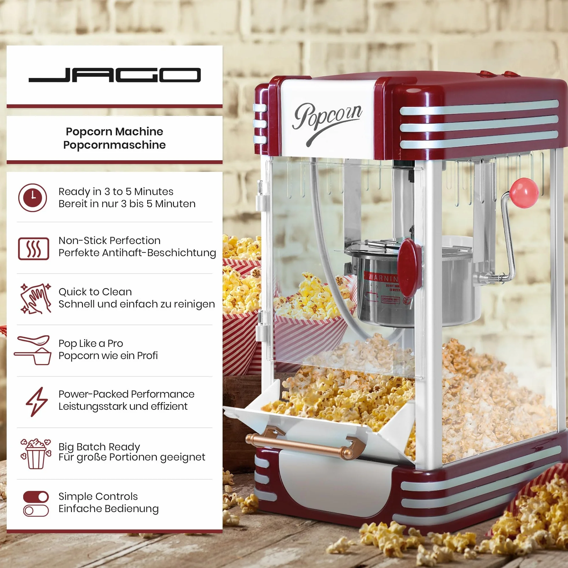 Jago® Maszyna do popcornu retro – 60 l/h, 200 g/10 min, garnek ze stali nierdzewnej, do słonego popcornu – wygląd w stylu lat 50., profesjonalna maszyna robienia, automat