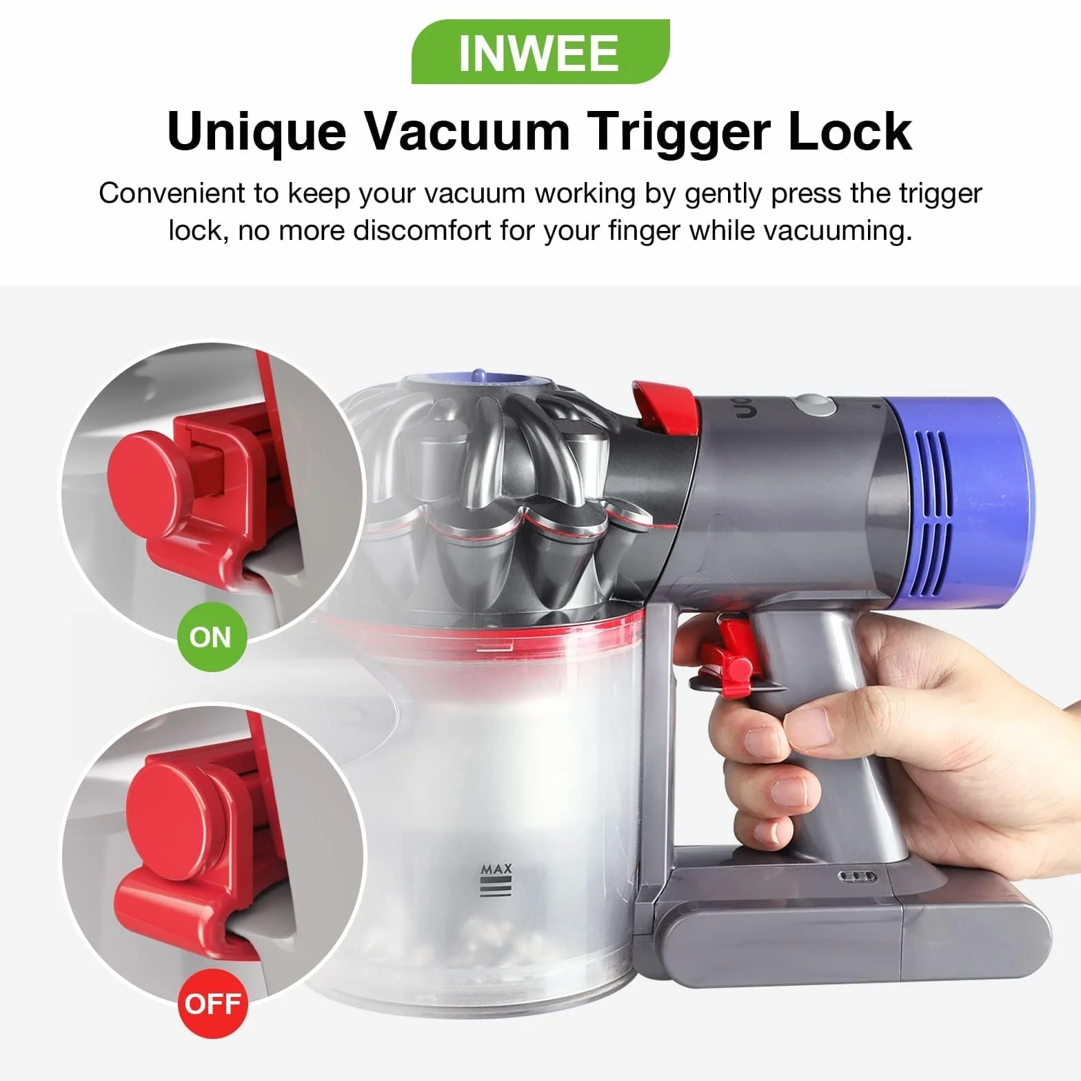 2Sztuki Blokada spustu dla odkurzacza Dyson, blokada przycisku zasilania, uchwyt przełącznika dla Dyson V15 V11 V10 V8 V7 V6 Absolute/Animal/Motorhead Vacuum Cleaner, nie trzeba trzymać wciśniętego przycisku (nie dla Outsize)