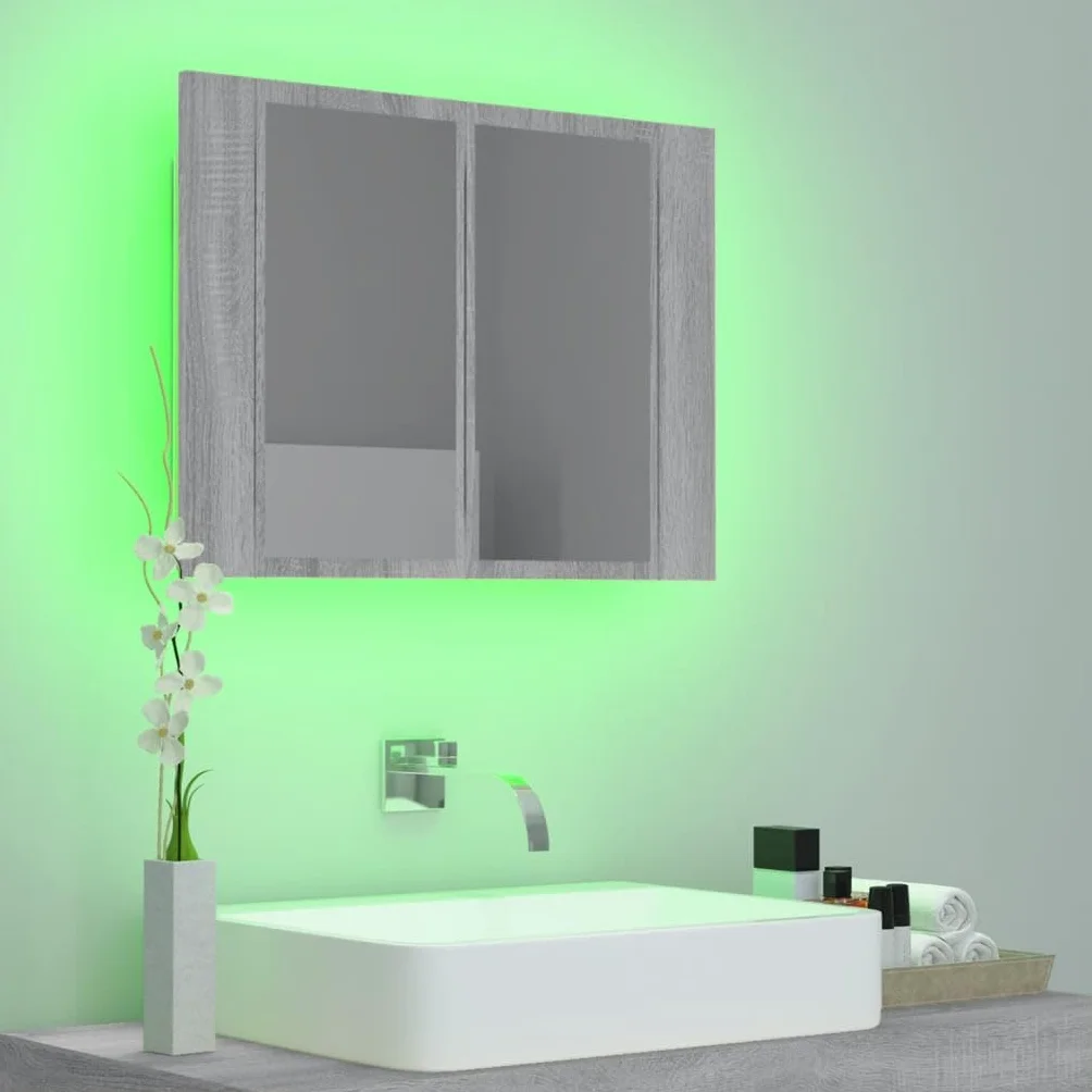 vidaXL Szafka łazienkowa z lustrem, szary dąb sonoma, 60x12x45 cm, szafka z LED, szafka LED, szafka z podświetleniem, szafki z LED, szafki LED