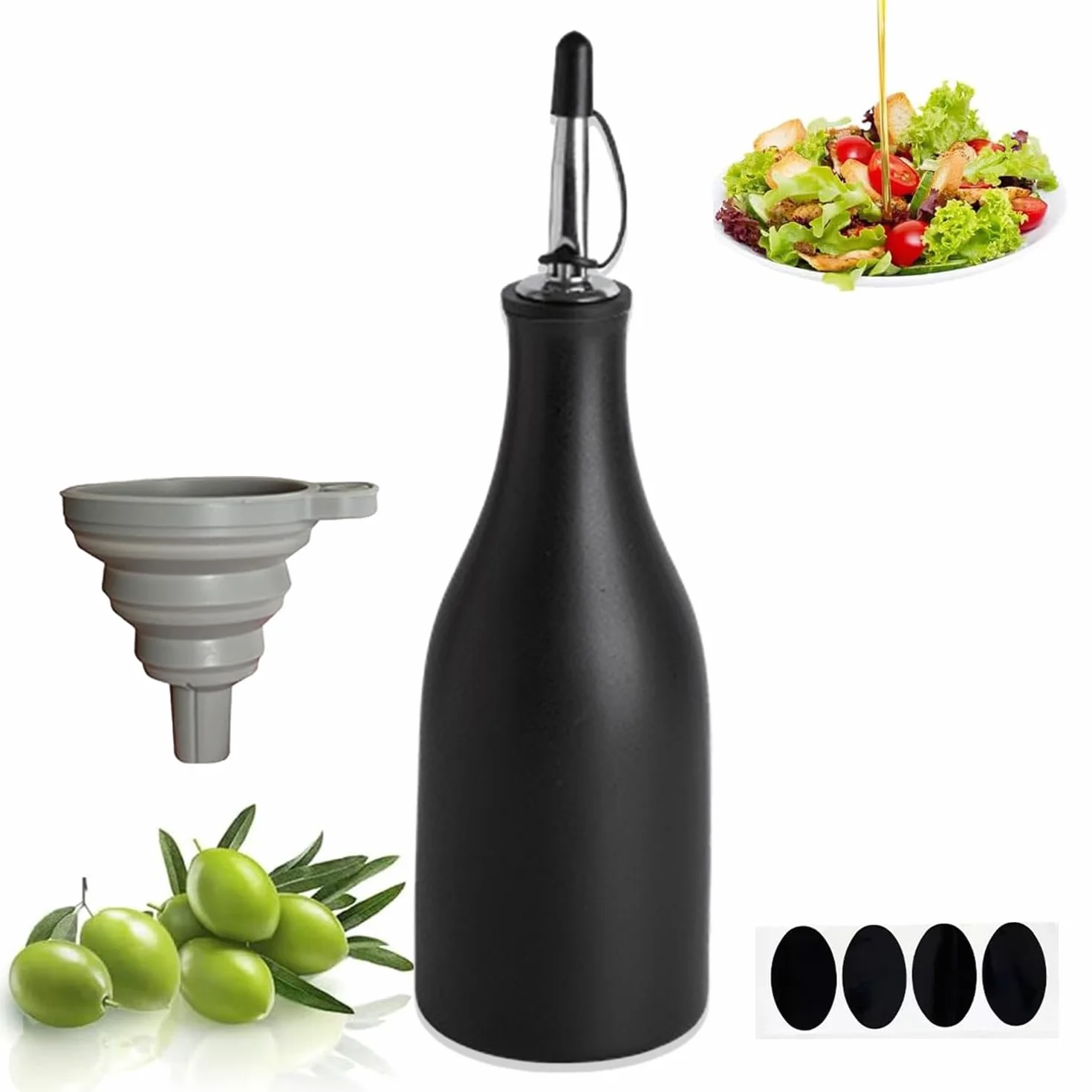 D'Olive z nieprzezroczystej ceramiki, 300 ml, dozownik na oliwę z oliwek, ceramika, z lejkiem, emalia wysokotemperaturowa, na oleje, octy, przybory kuchenne, czarny