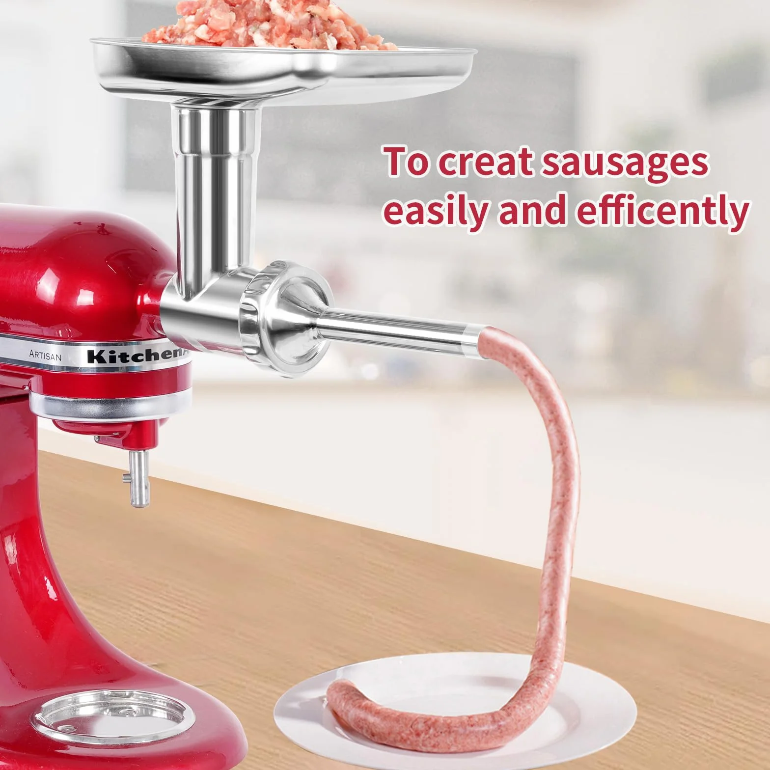 Metalowy młynek do żywności ze stali nierdzewnej, kompatybilny z mikserami stojącymi KitchenAid, zawiera 3 rurki do nadziewania kiełbasy, nadaje się do mycia w zmywarce