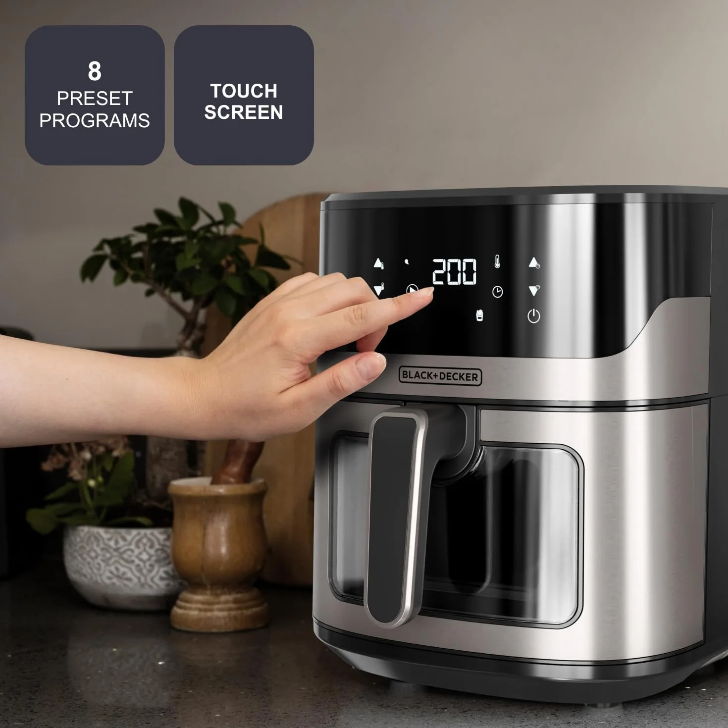 BLACK+DECKER BXAF6500E bezolejowa frytkownica powietrzna, 1600 W, 6,5 l, do 1300 g ziemniaków, przezroczyste okienko w koszu, temperatura 80-220°C, 8 programów