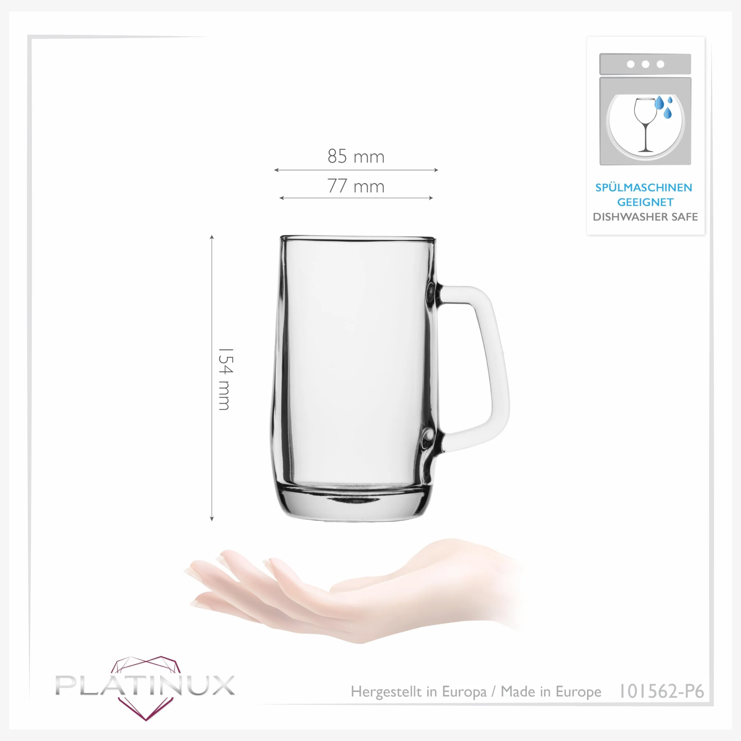 PLATINUX Zestaw 6-częściowy kufel do piwa z uchwytem ze szkła, 500 ml (maks. 580 ml) kufel do piwa kufle do piwa szklanki do piwa 0,5 l kufel do piwa