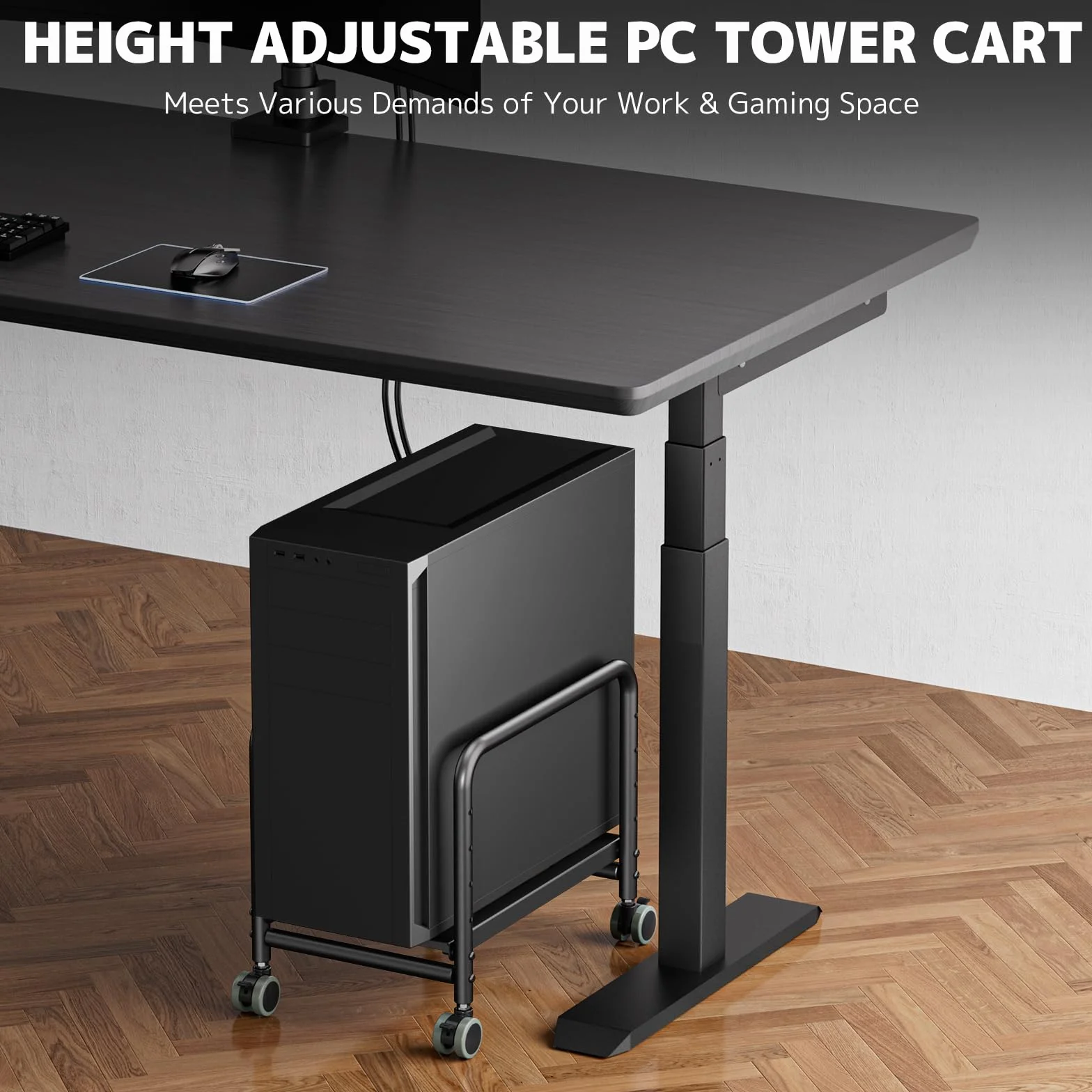 PUTORSEN podpodłogowy/podbiurkowy uchwyt na komputer do obudowy Mid-Tower, stojak PC z regulacją wysokości z kółkami, nośność do 30 kg, możliwość zwiększenia szerokości do 25,5 cm