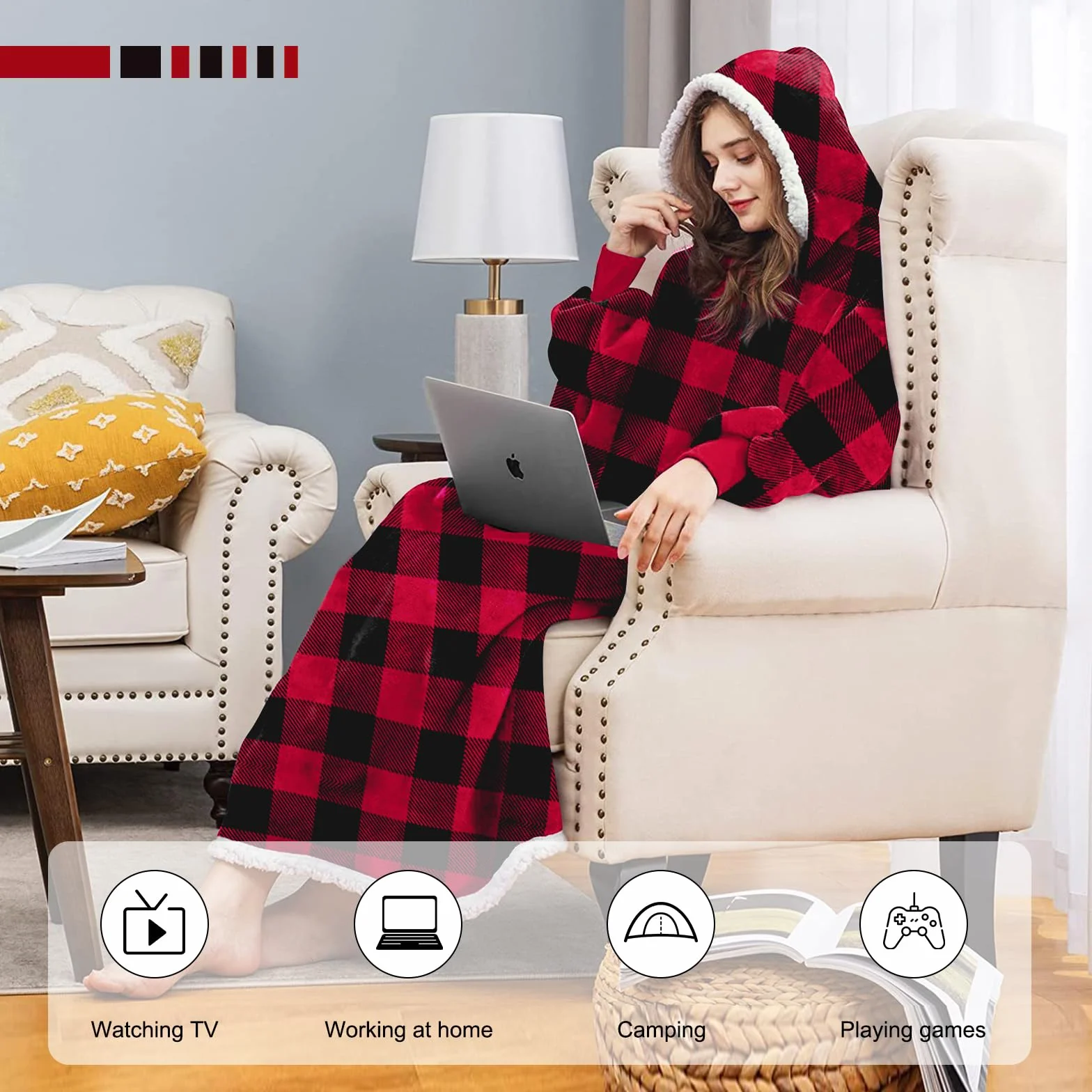 Koc oversize z kapturem Sherpa ciepły miękki bluza z kieszeniami unisex