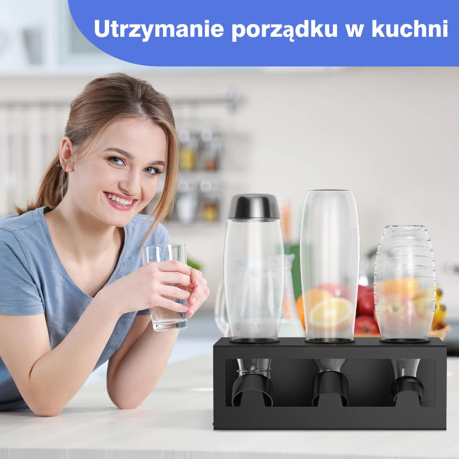 HOMMAND Uchwyt na Butelki, Stojak na butelki aplikować do Sodastream, Ociekacz do Butelek na 3 Butelki, w Tym Silikonowe Pierścienie Ochronne, Taca Ociekowa i Uchwyt na Pokrywkę, Czarny