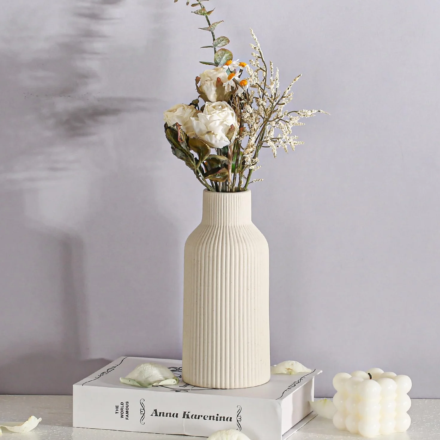 Wazon ceramiczny, trawa pampasowa, mały wazon do dekoracji, stołu jadalnego, regału na książki, gzymsu kominkowego, dekoracji wejścia i nakładek stołowych, prosty nowoczesny, styl boho (beżowy)