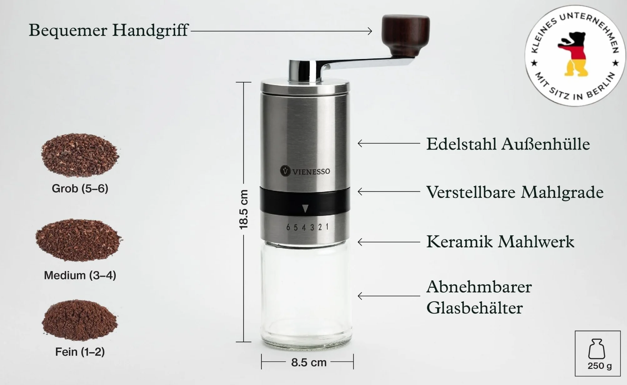 Ręczny młynek do kawy z ceramicznym mechanizmem mielącym i 6-stopniową regulacją – ręczny młynek do kawy ze stali nierdzewnej i szkła – pojemność 40 g – cichy, przenośny, w zestawie e-book