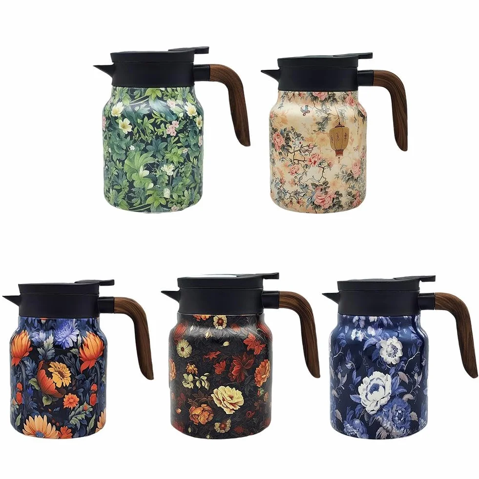Dzbanek do herbaty w stylu vintage, kwiatowy wzór, 1000 ml, wbudowany zaparzacz do herbaty w stylu vintage, karafka termiczna ze stali nierdzewnej z pokrywką, do gorących napojów, mini dzbanek do kawy
