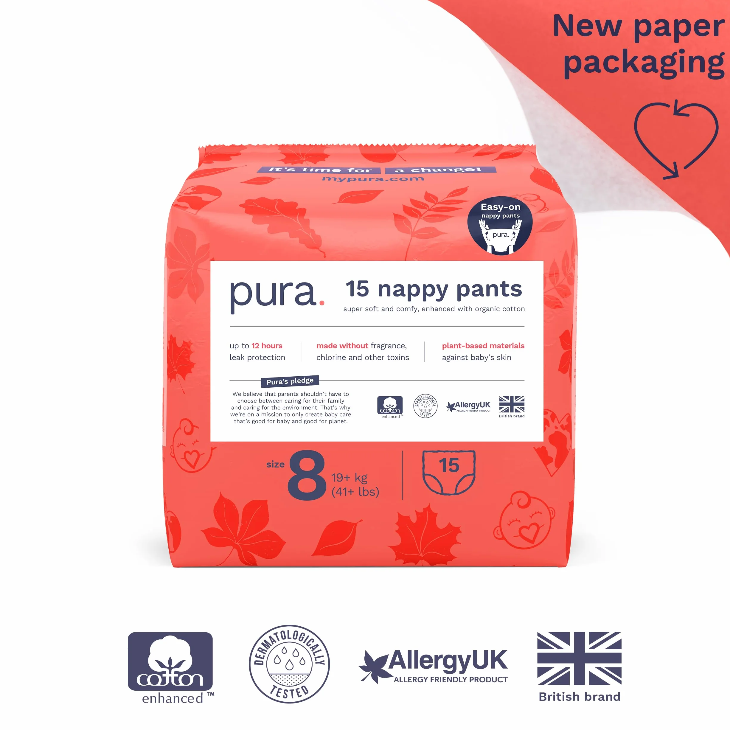 Pura Eco Nappy Pants - rozmiar 8 (19 kg+), 15 nóżek, odpinane szelki dla wrażliwej i alergicznej skóry, hipoalergiczne, bez zapachu, z łatwym bokiem